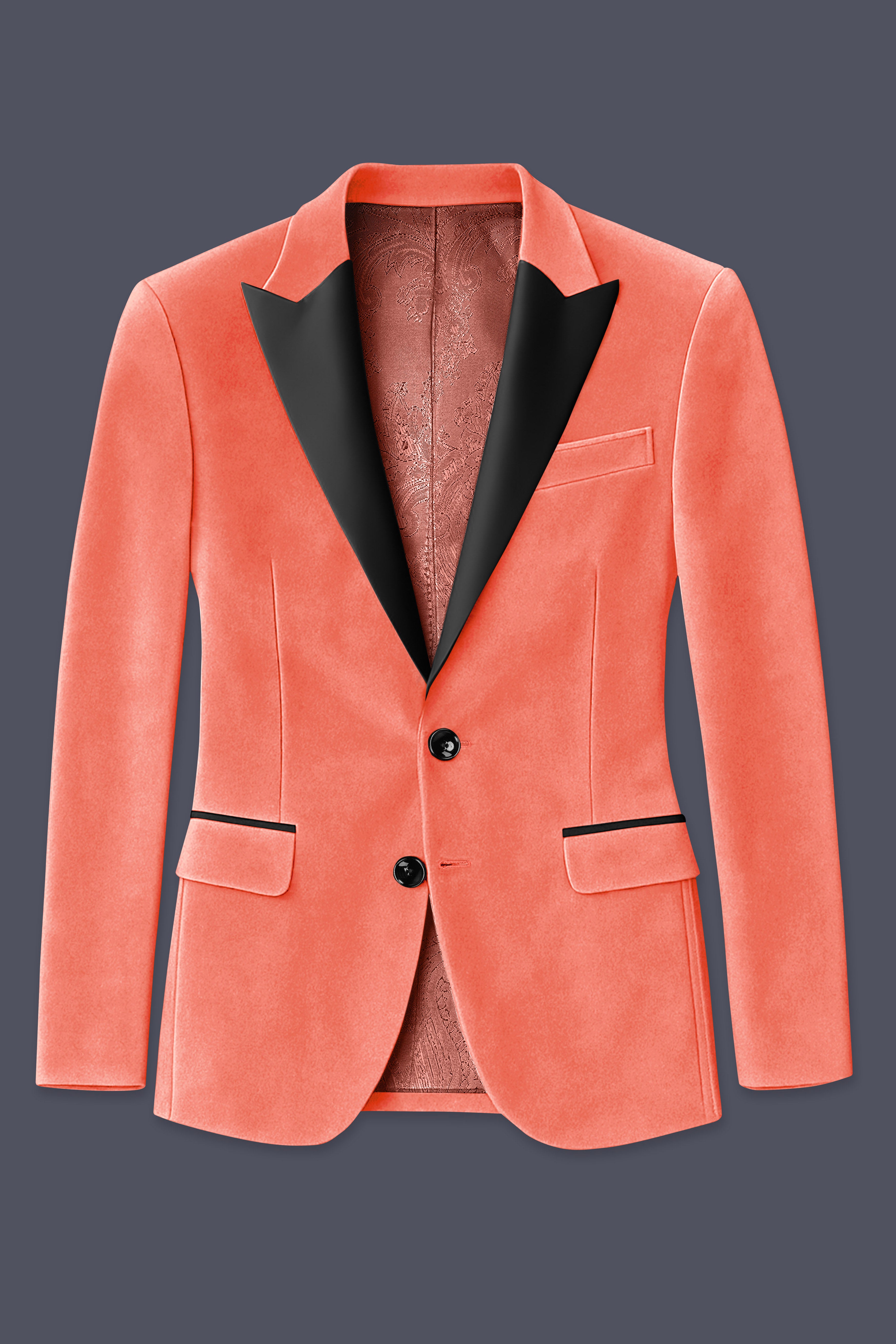 Saffron-Bittersweet Orange Velvet Peak Lapel Tuxedo Blazer