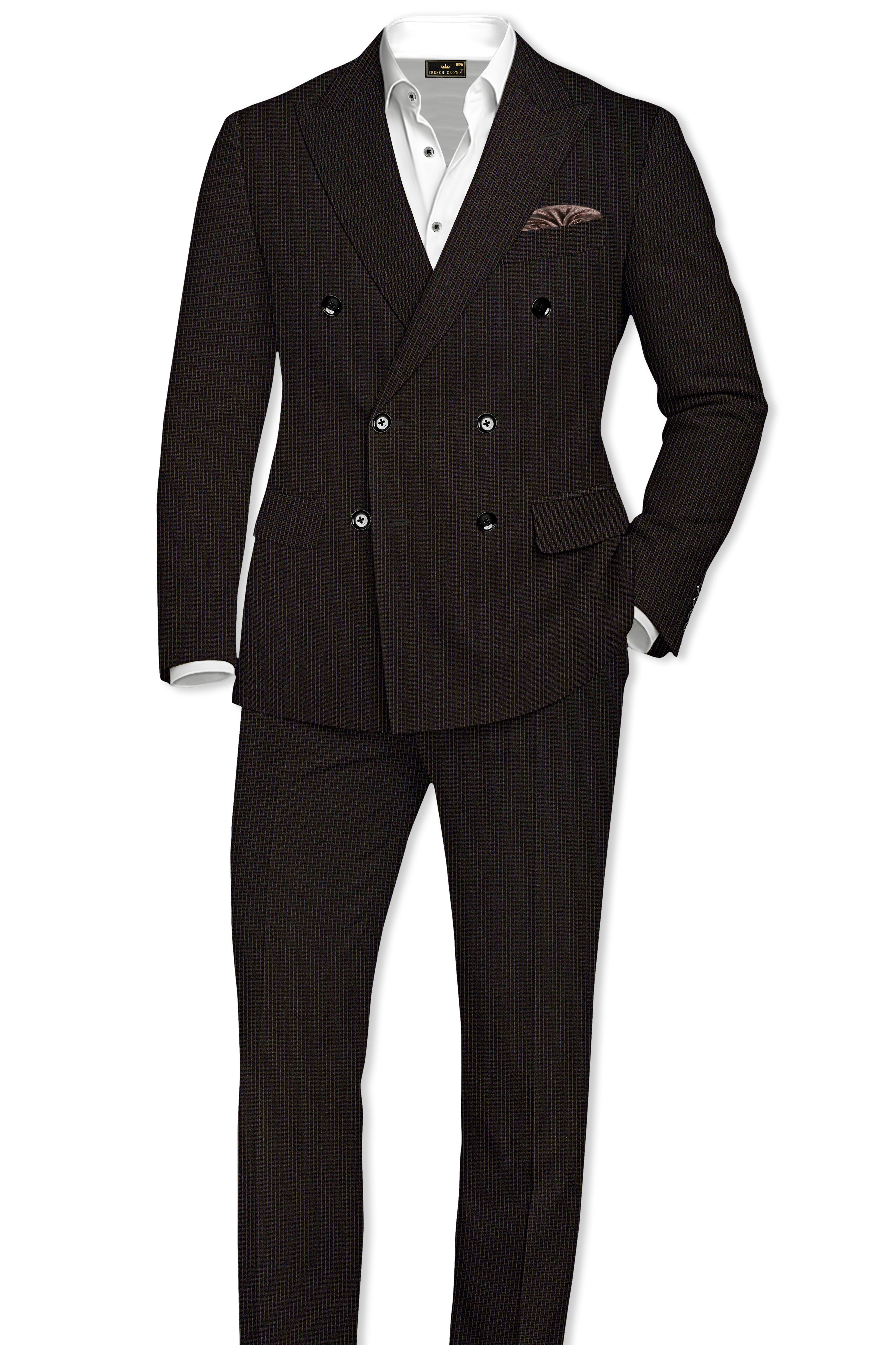 Imperio-Umber Brown Pencil Striped Wool Rich Slight Stretch Double Breasted Blazer