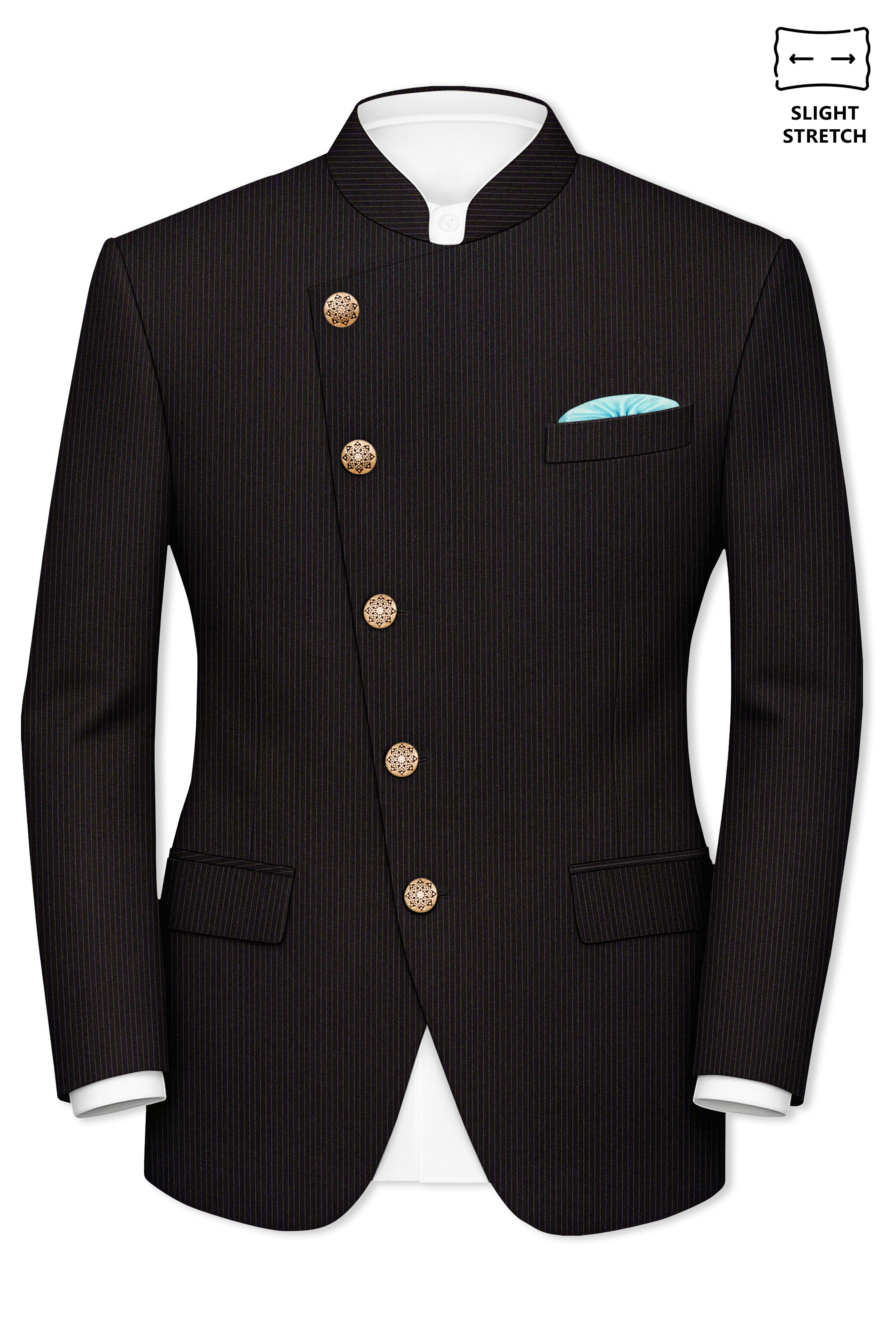 Imperio-Umber Brown Pencil Striped Wool Rich Slight Stretch Cross Placket Bandhgala Blazer