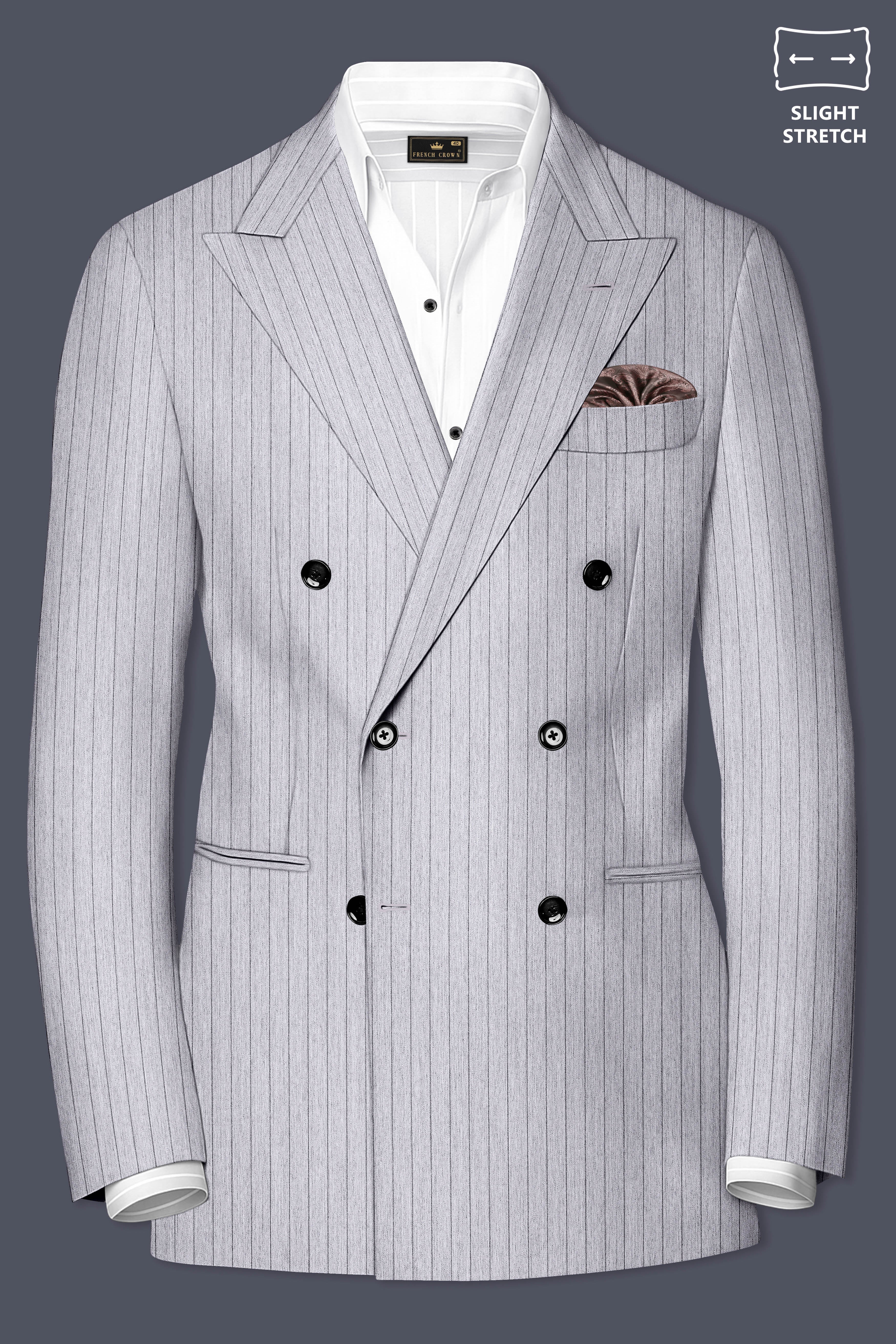 Grisvoro-Sterling Gray Pin Striped Wool Rich Slight Stretch Double Breasted Blazer