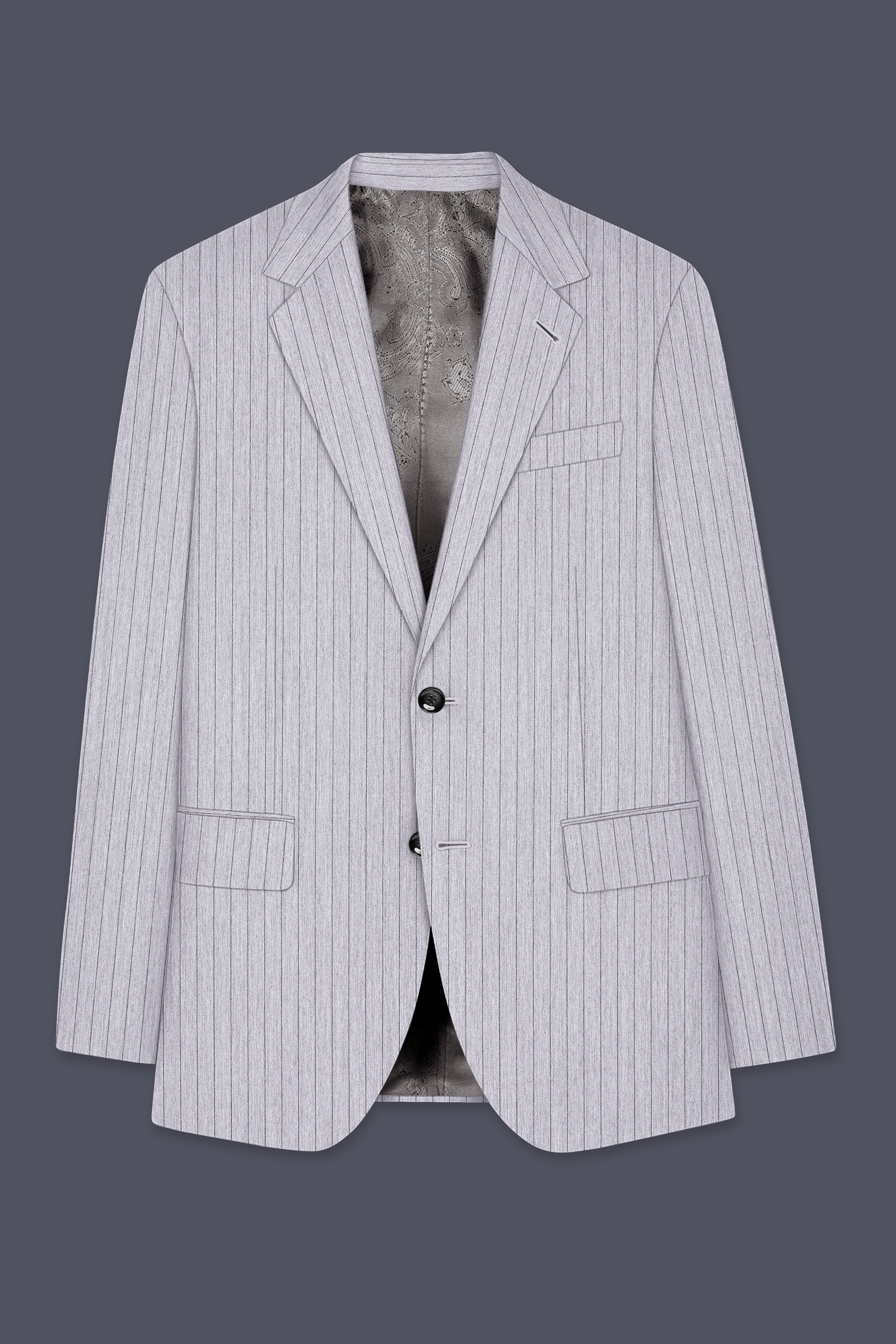 Grisvoro-Sterling Gray Pin Striped Wool Rich Slight Stretch Single Breasted Blazer