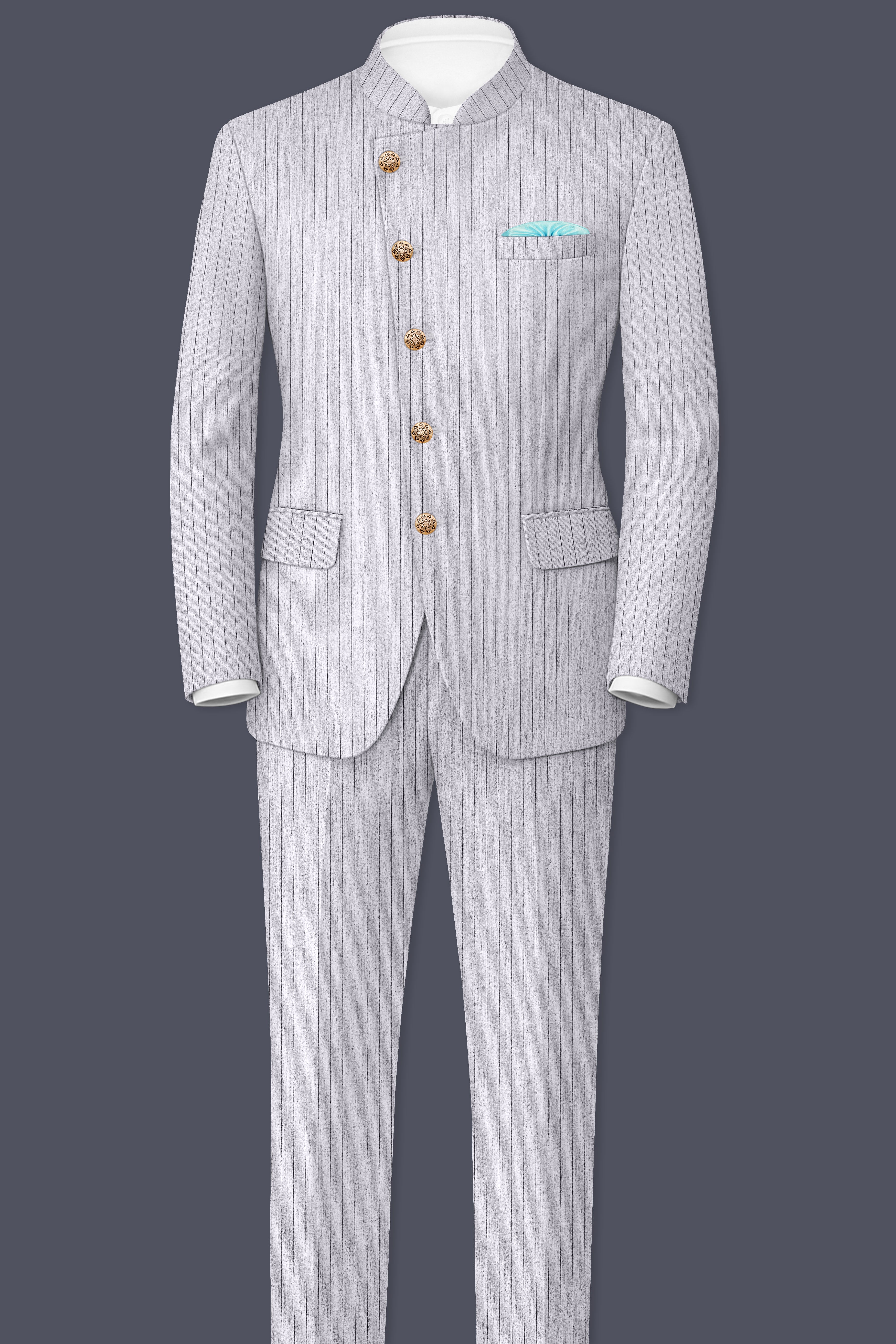 Grisvoro-Sterling Gray Pin Striped Wool Rich Slight Stretch Cross Placket Bandhgala Blazer