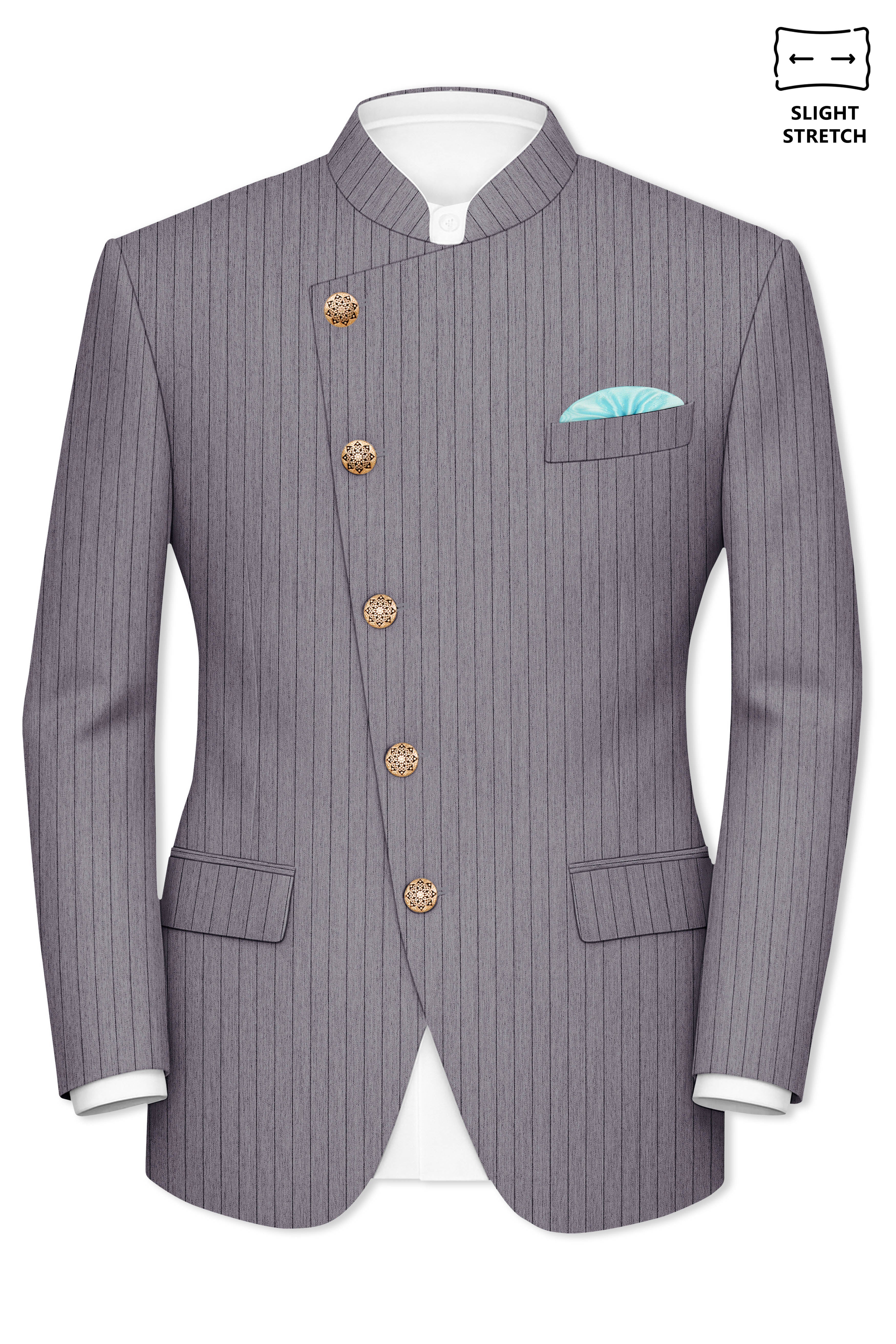 Velmoro-Mauve Gray Pin Striped Wool Rich Bandhgala Slight Stretch Blazer