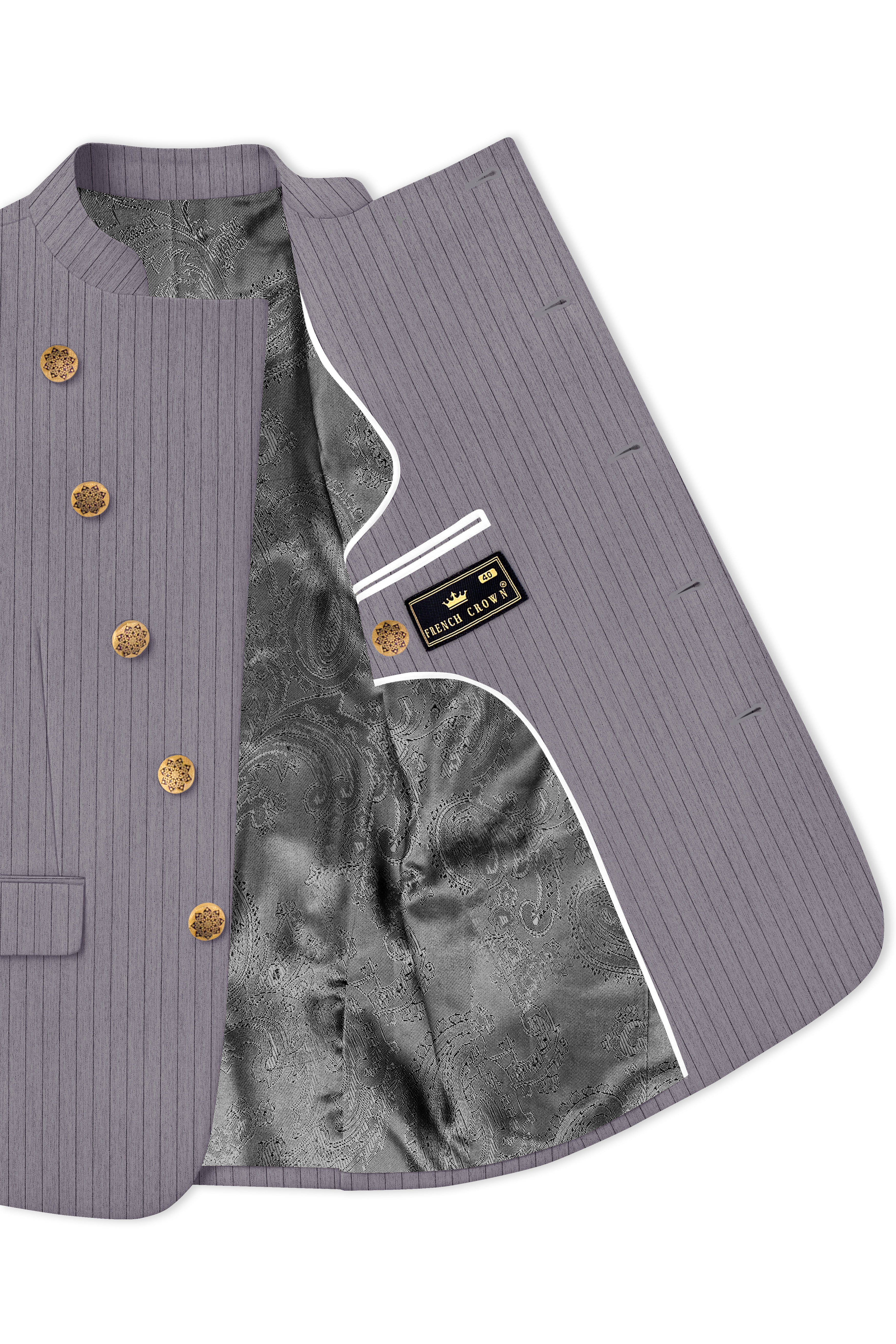 Velmoro-Mauve Gray Pin Striped Wool Rich Bandhgala Slight Stretch Blazer