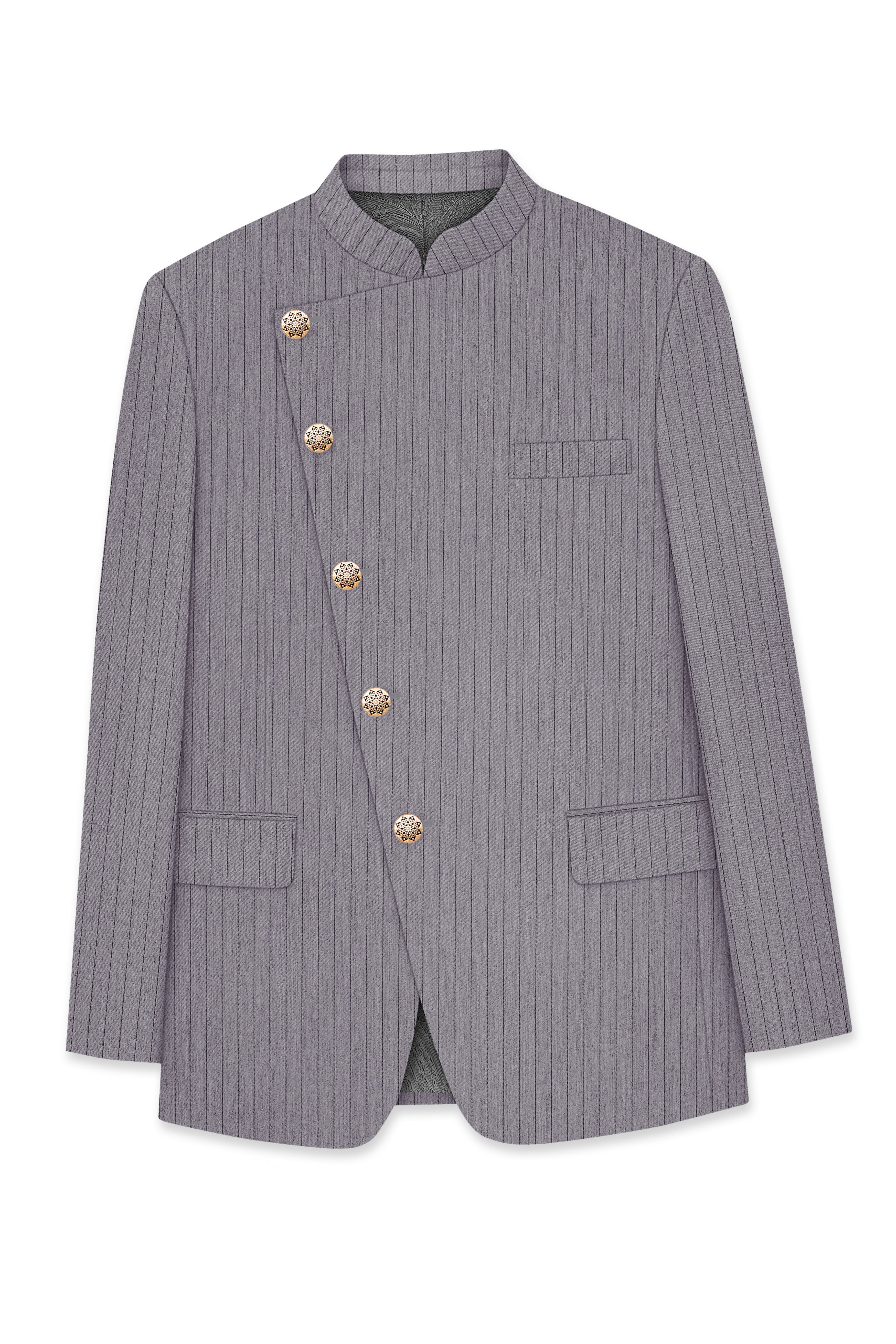 Velmoro-Mauve Gray Pin Striped Wool Rich Bandhgala Slight Stretch Blazer