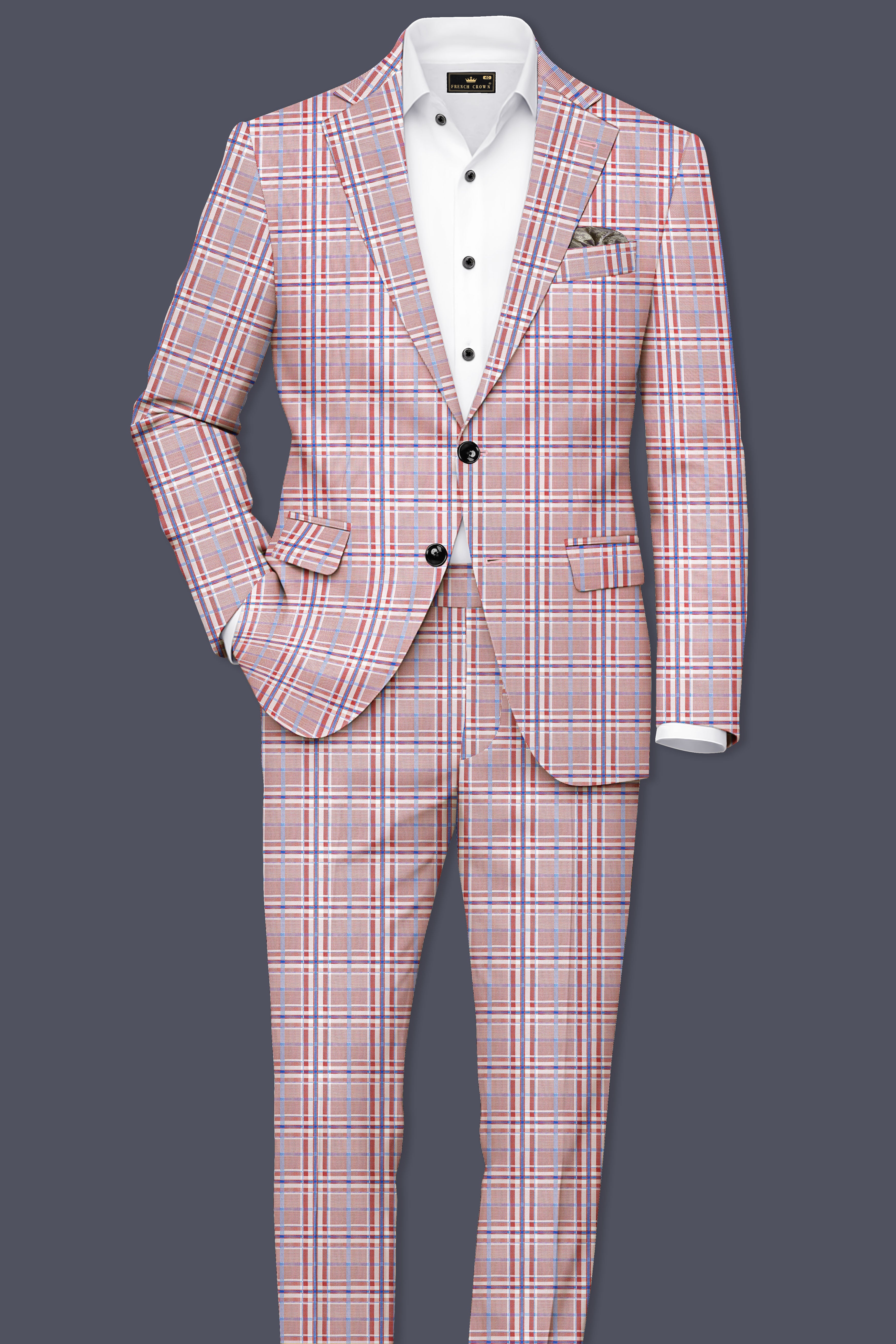 Velour-Turkish Rose Pink And Wild Blue Plaid Wool Rich Single Breasted Blazer