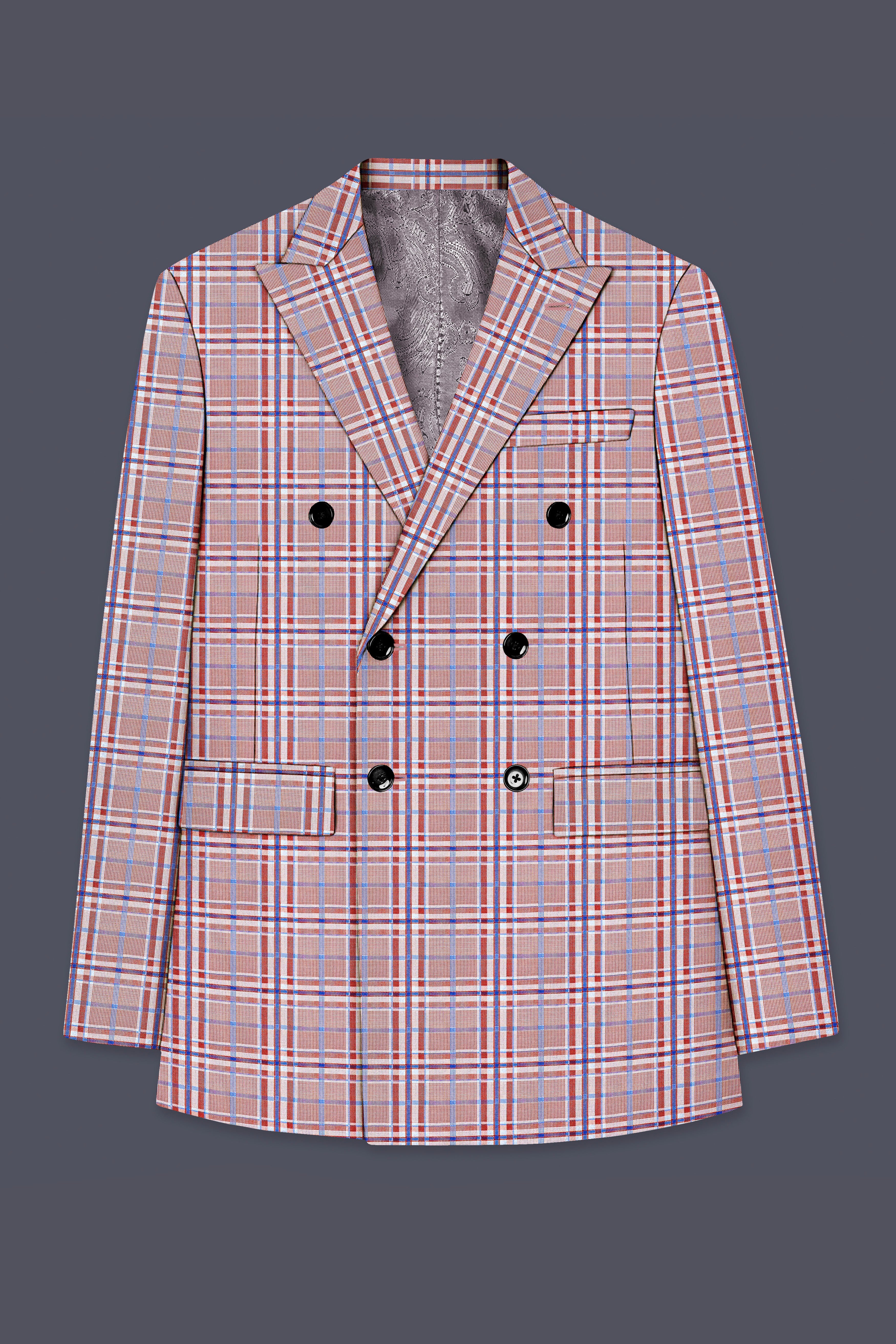 Velour-Turkish Rose Pink And Wild Blue Plaid Wool Rich Double Breasted Blazer