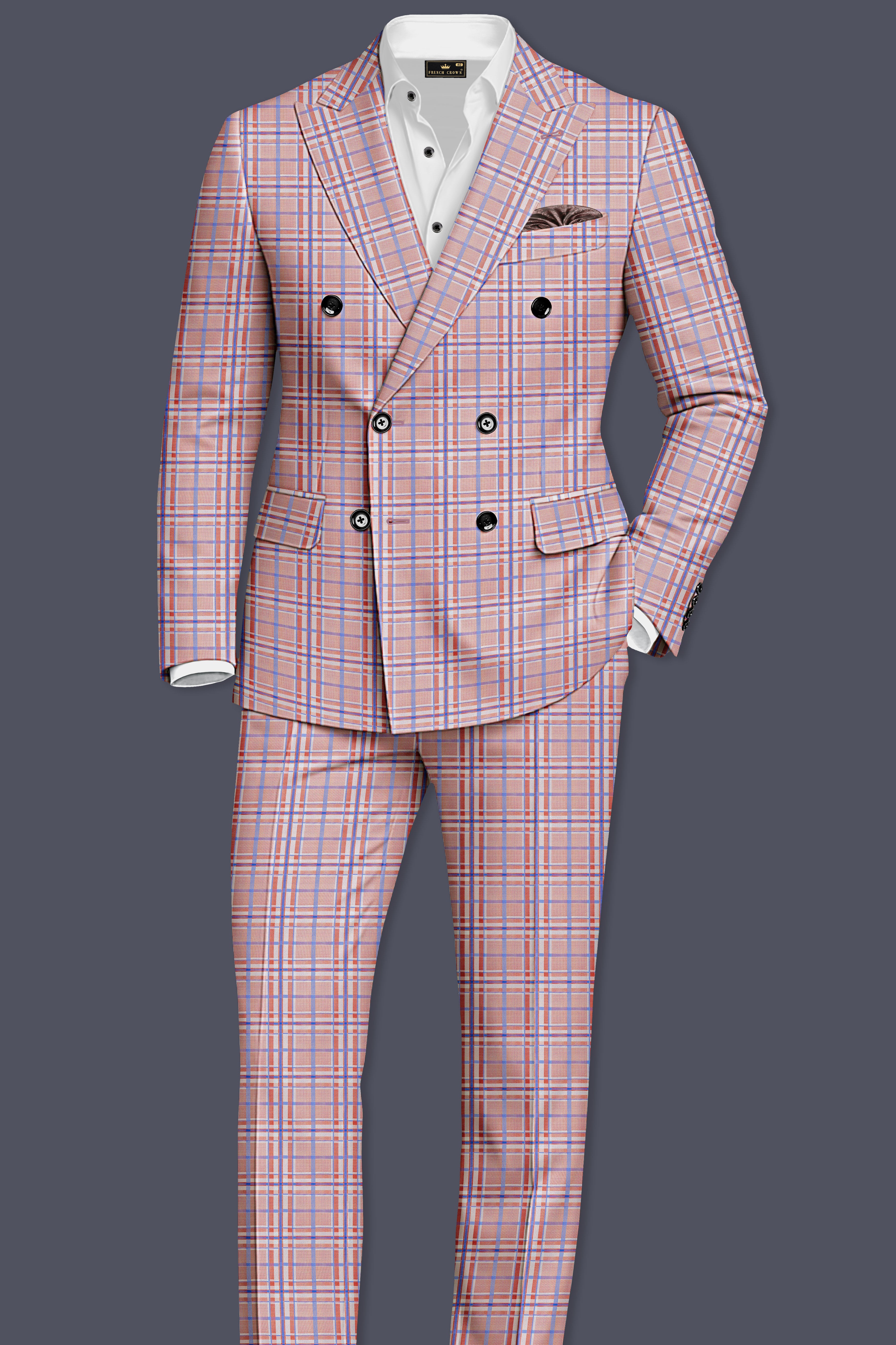 Velour-Turkish Rose Pink And Wild Blue Plaid Wool Rich Double Breasted Blazer
