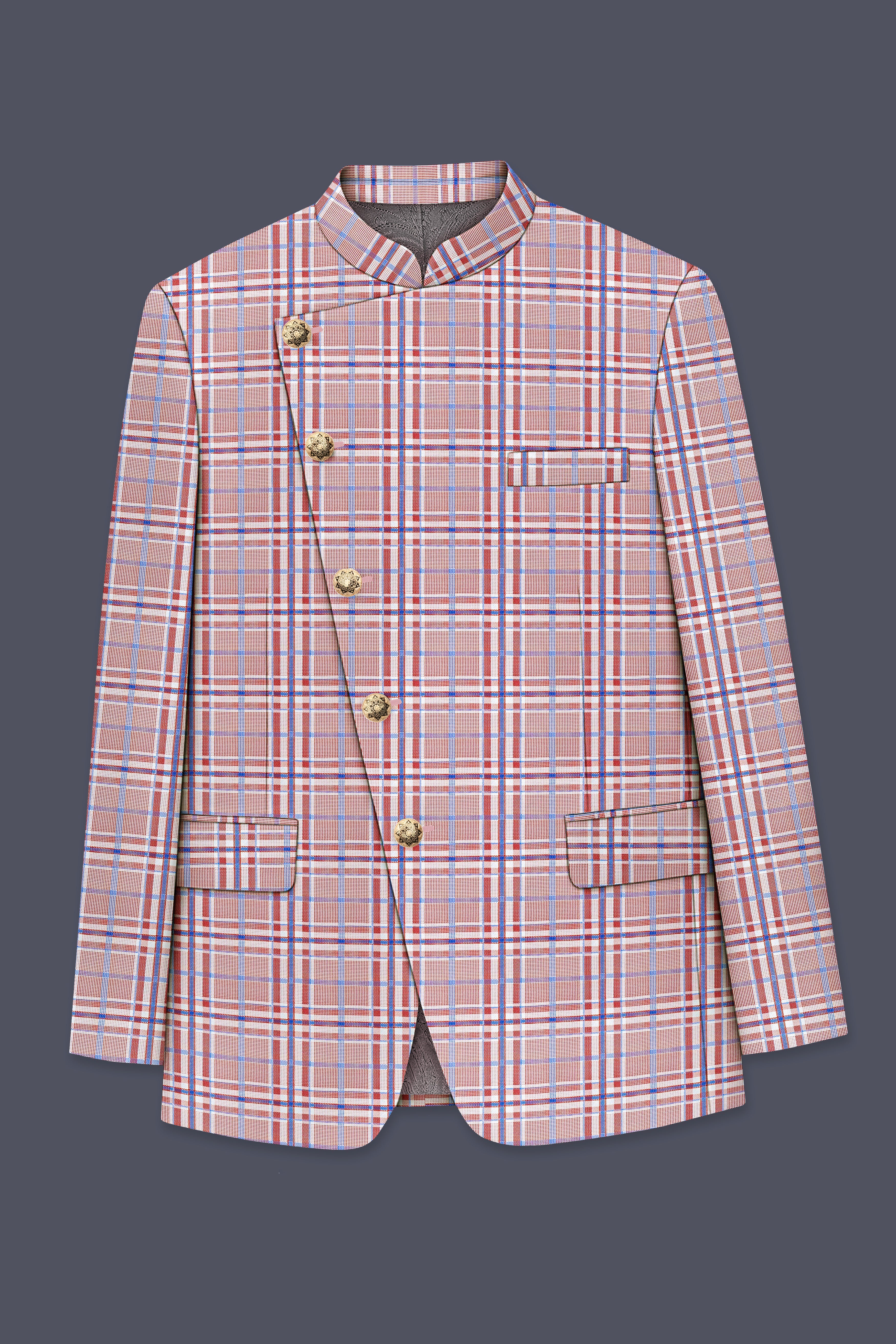 Velour-Turkish Rose Pink And Wild Blue Plaid Wool Rich Cross Placket Bandhgala Blazers