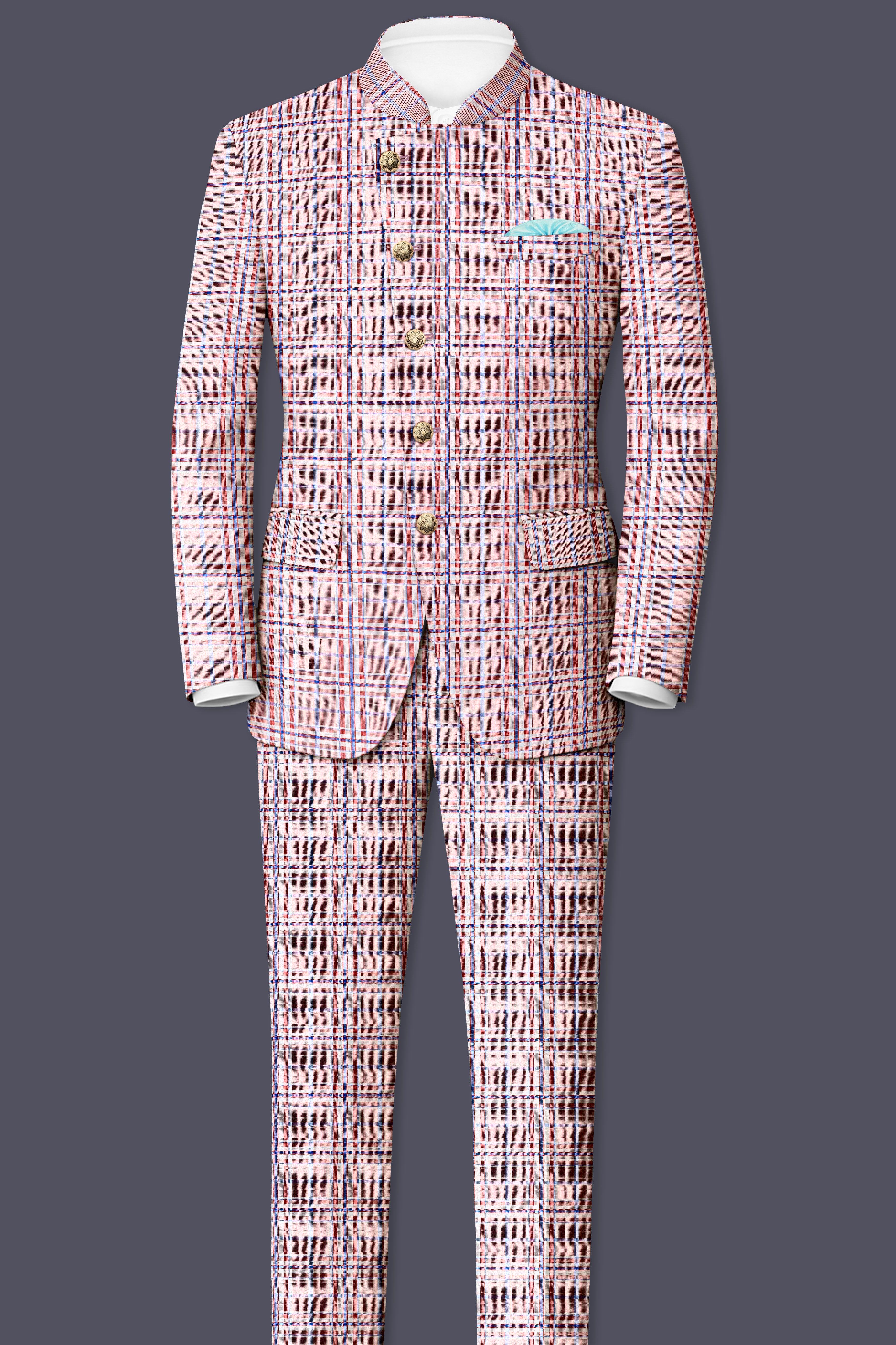 Velour-Turkish Rose Pink And Wild Blue Plaid Wool Rich Cross Placket Bandhgala Blazers