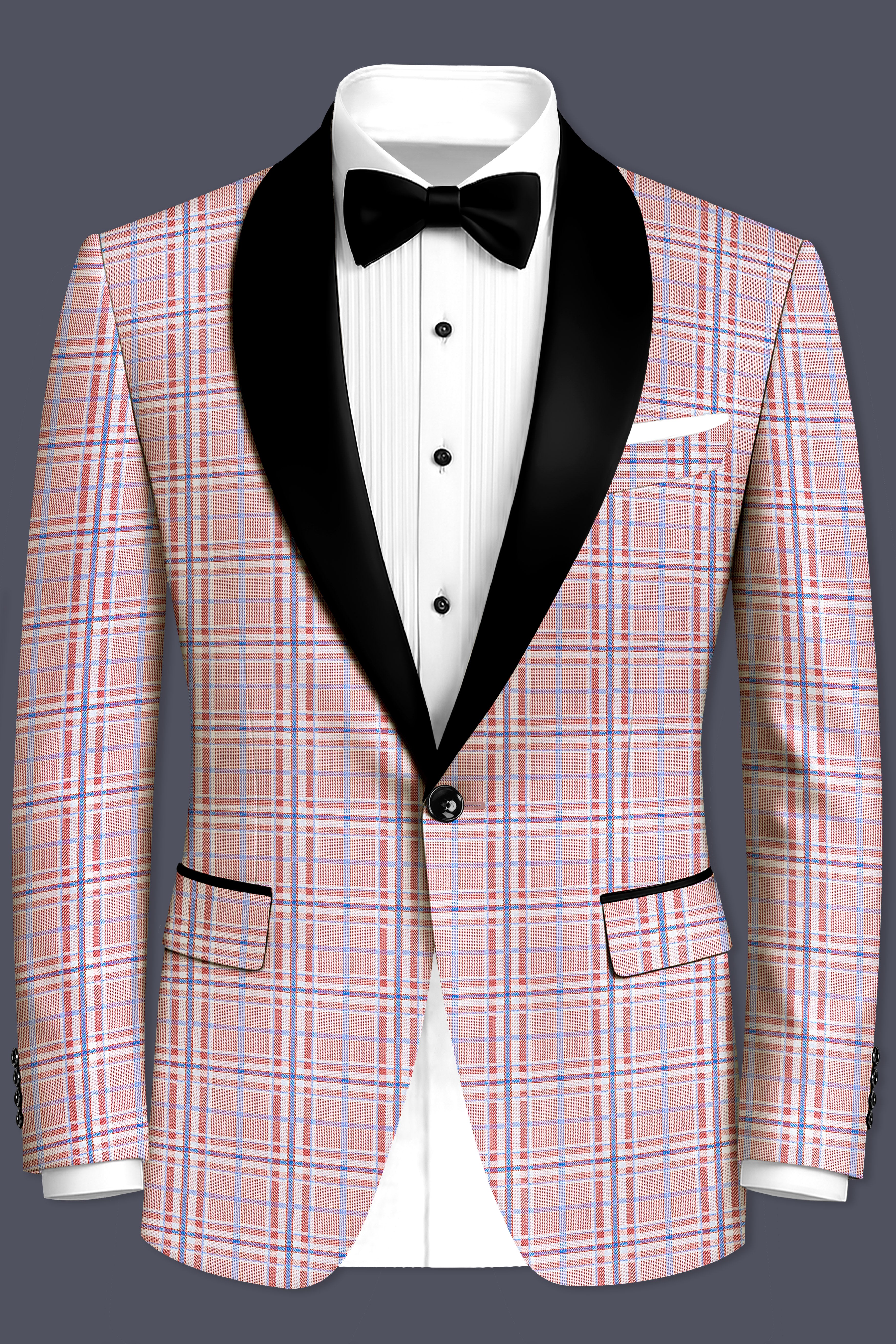 Velour-Turkish Rose Pink And Wild Blue Plaid Wool Rich Tuxedo Blazer