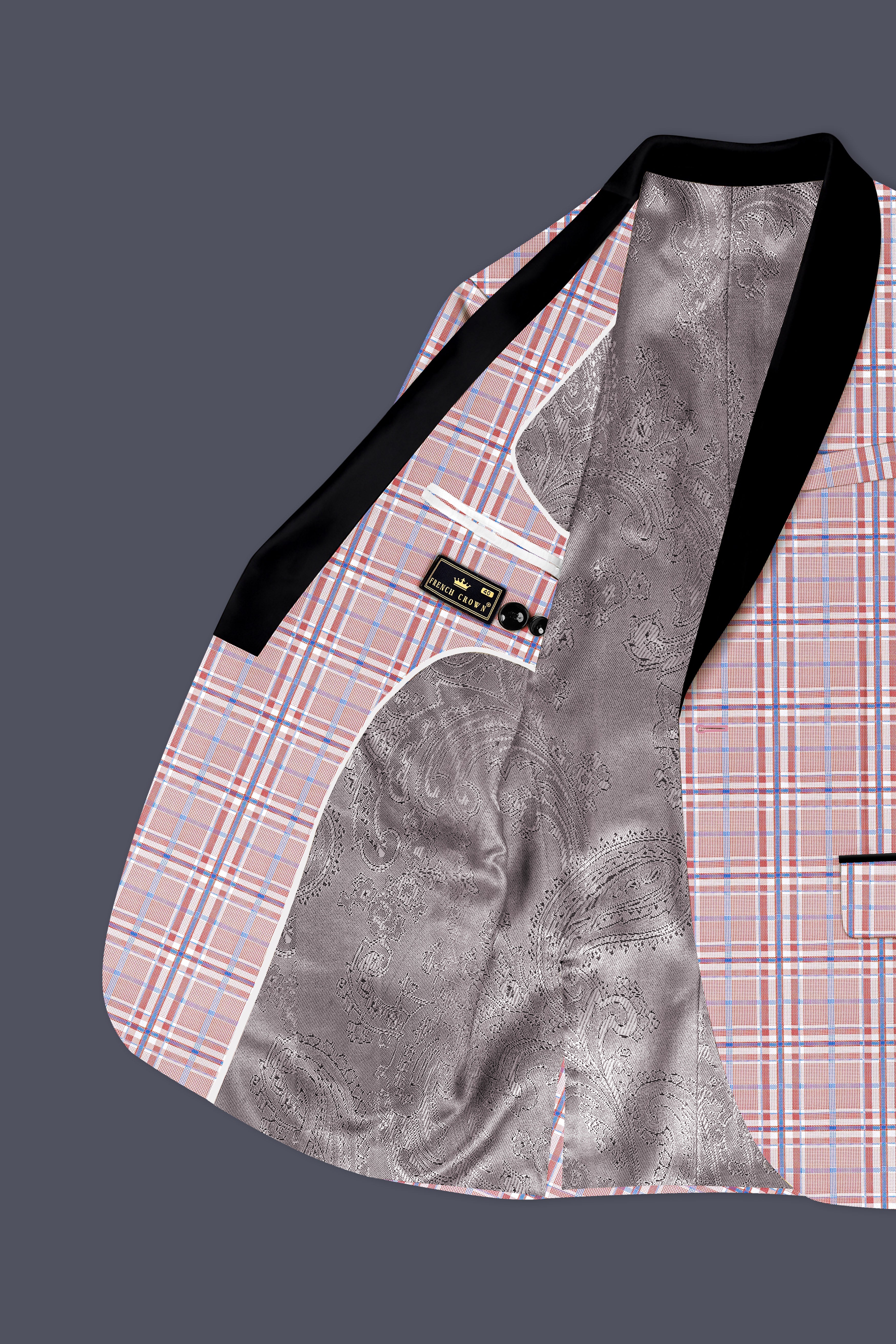 Velour-Turkish Rose Pink And Wild Blue Plaid Wool Rich Tuxedo Blazer