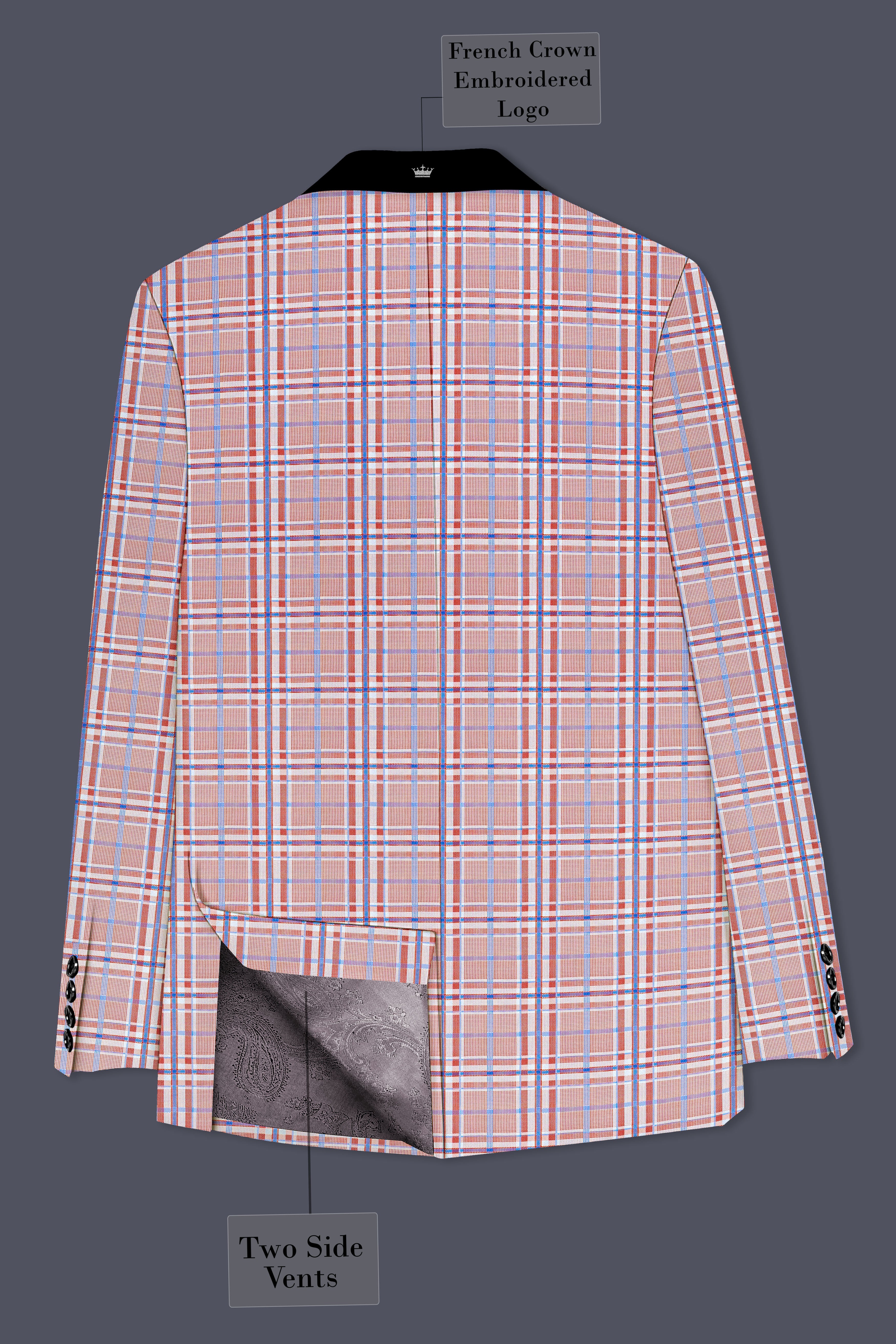 Velour-Turkish Rose Pink And Wild Blue Plaid Wool Rich Tuxedo Blazer