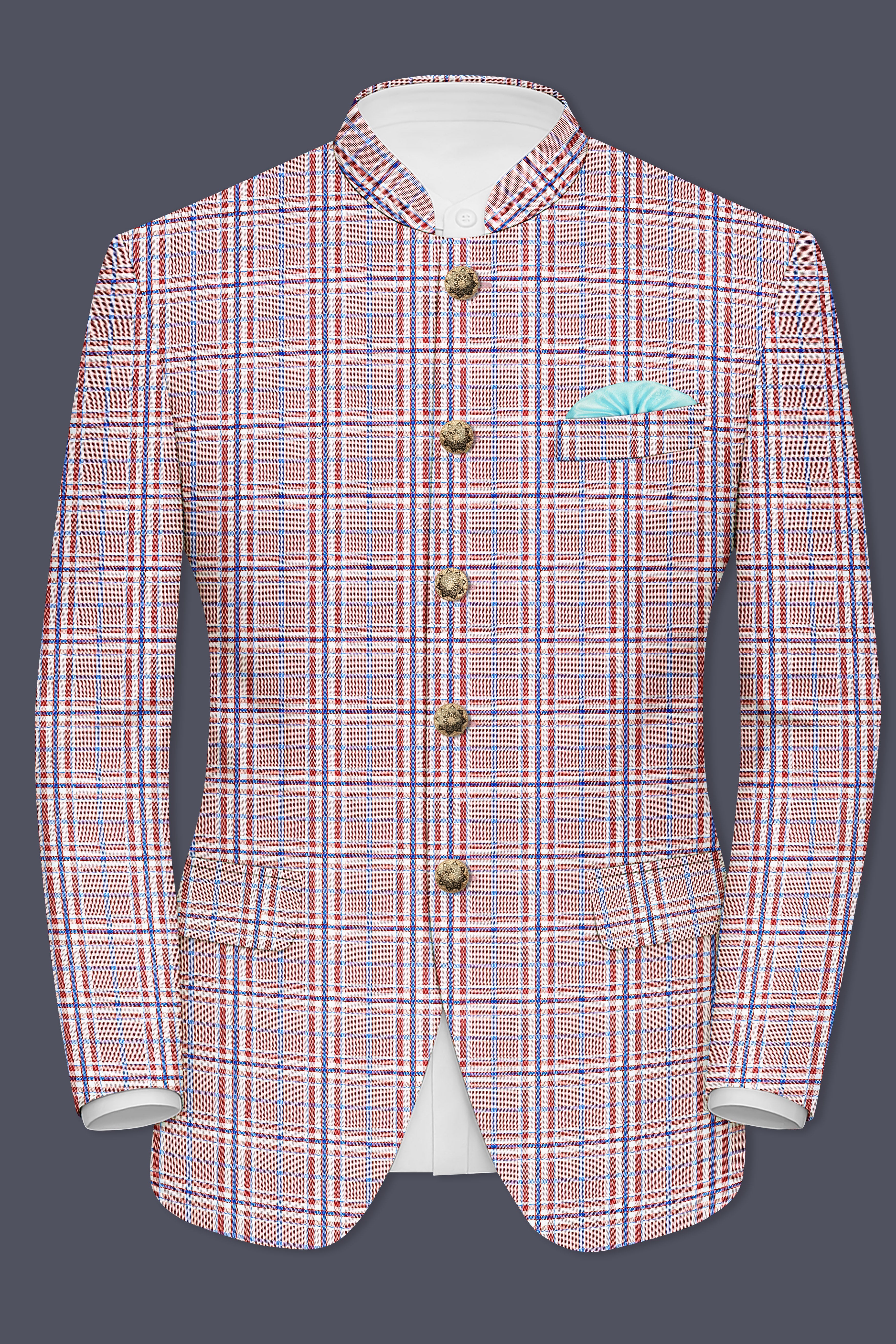Velour-Turkish Rose Pink And Wild Blue Plaid Wool Rich Bandhgala Blazer