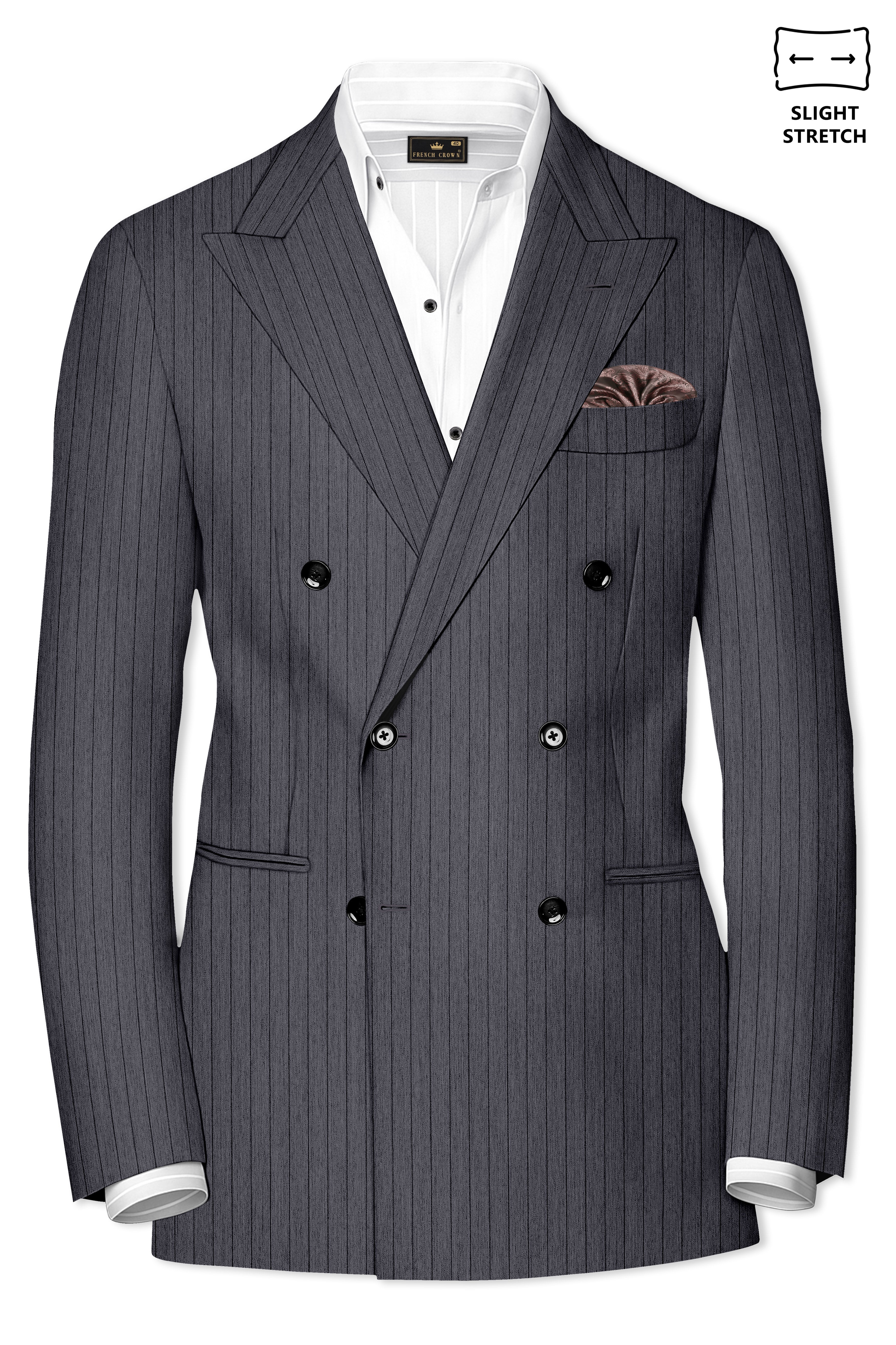 Noctaro-Vampire Gray Pin Striped Wool Rich Slight Stretch Double Breasted Blazer