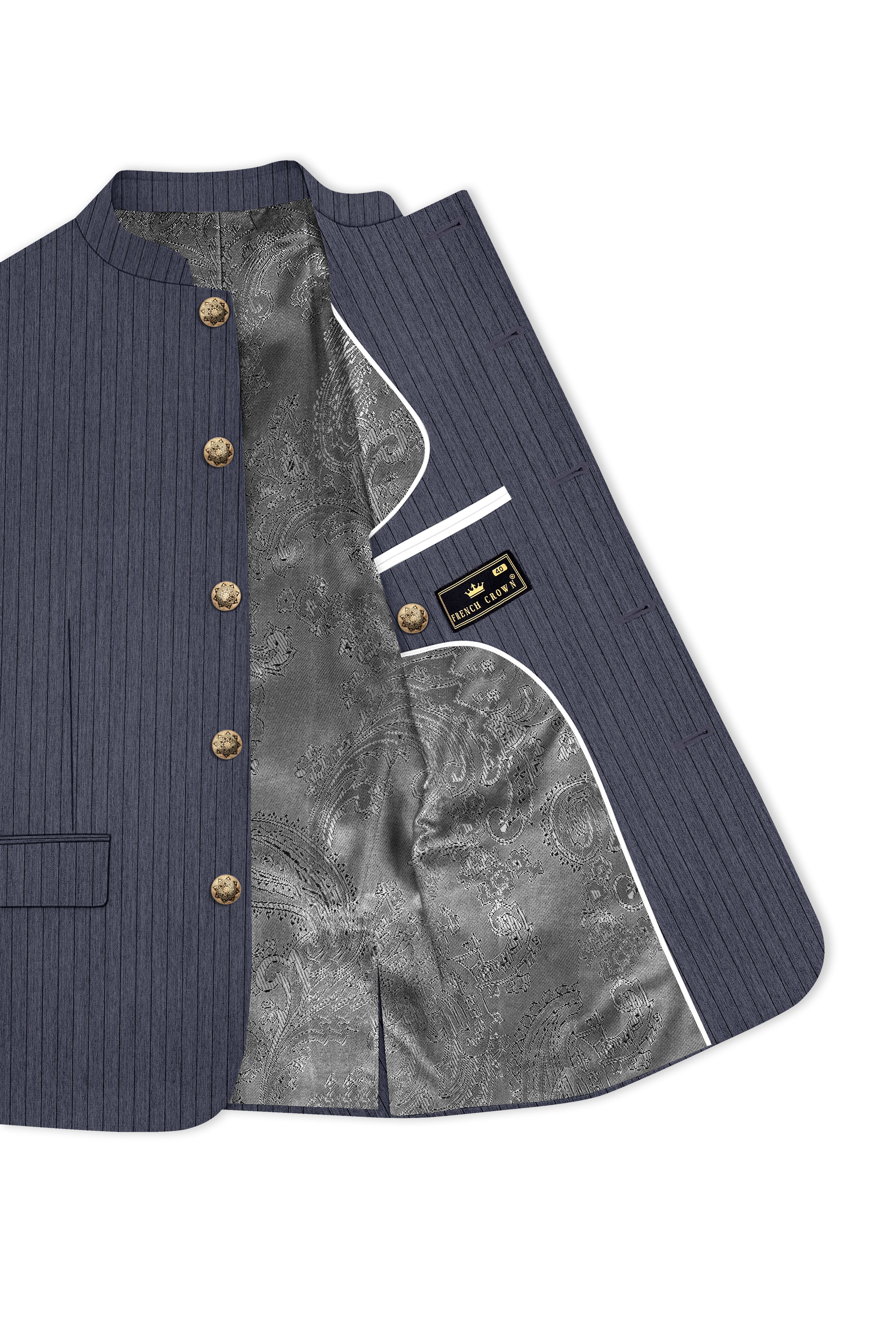 Azurion-Ninja Blue Pin Striped Wool Rich Slight Stretch Bandhgala Blazer