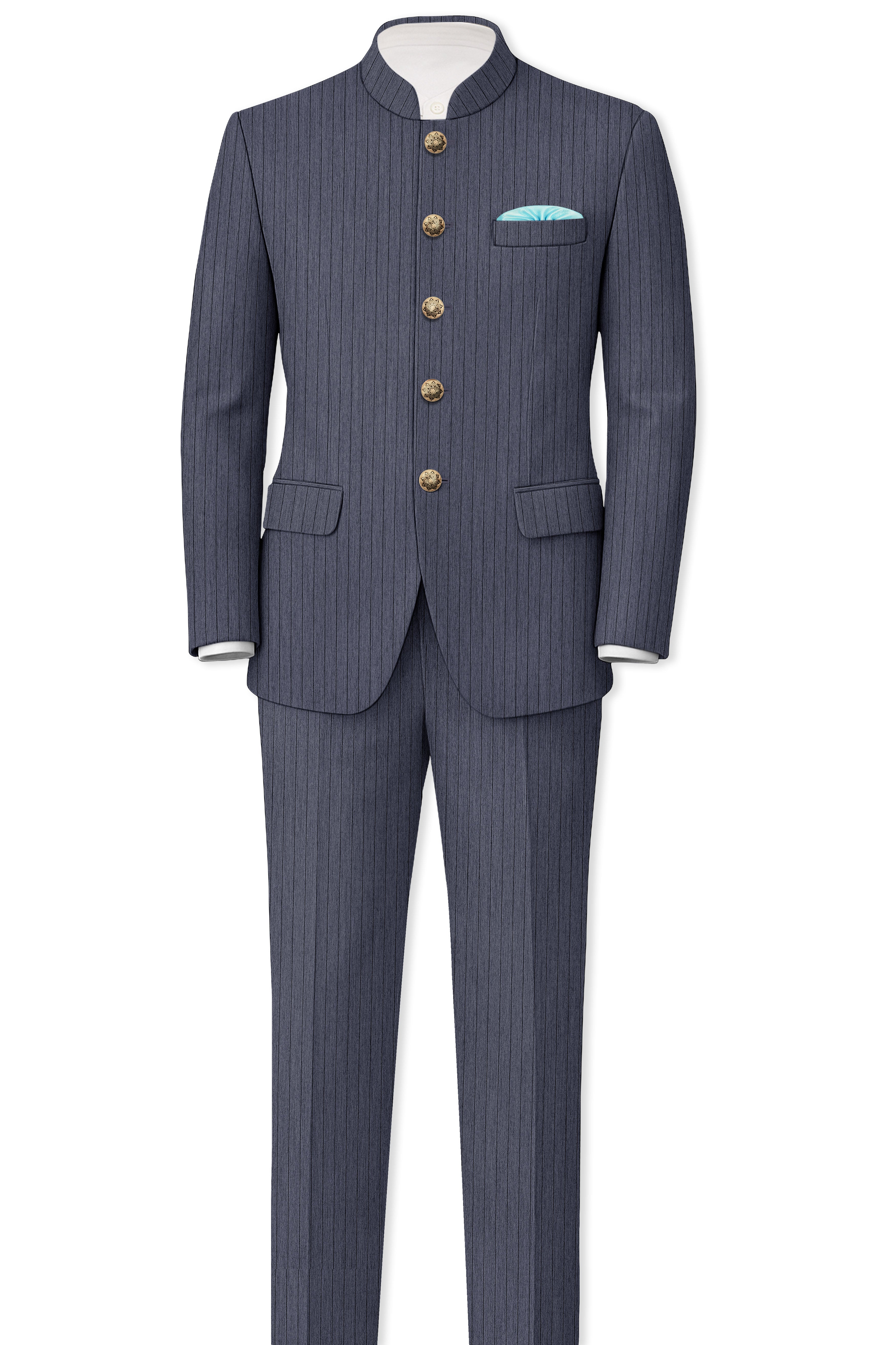 Azurion-Ninja Blue Pin Striped Wool Rich Slight Stretch Bandhgala Blazer