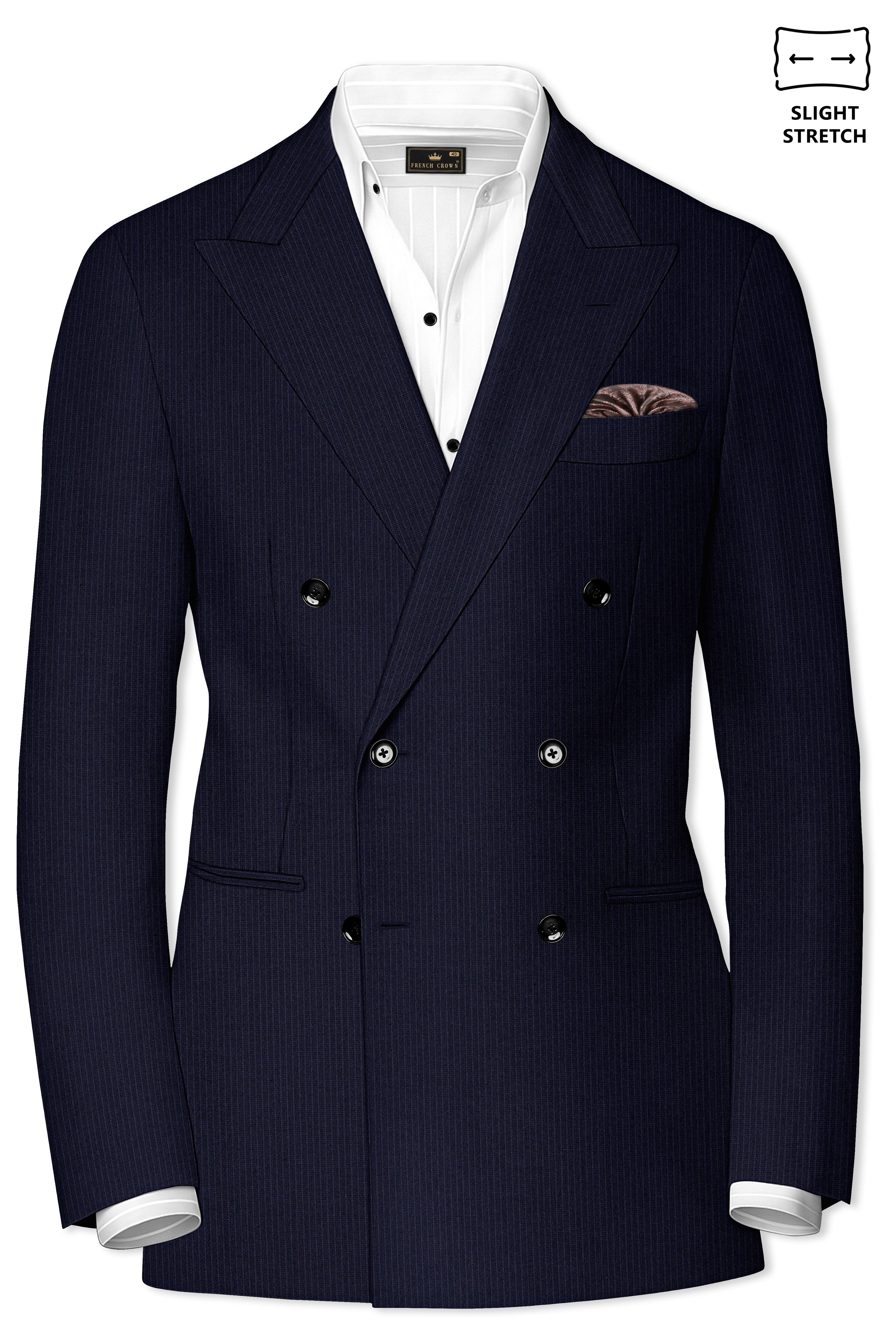 Elion-Bunker Blue Pencil Striped Wool Rich Slight Stretch Double Breasted Blazer