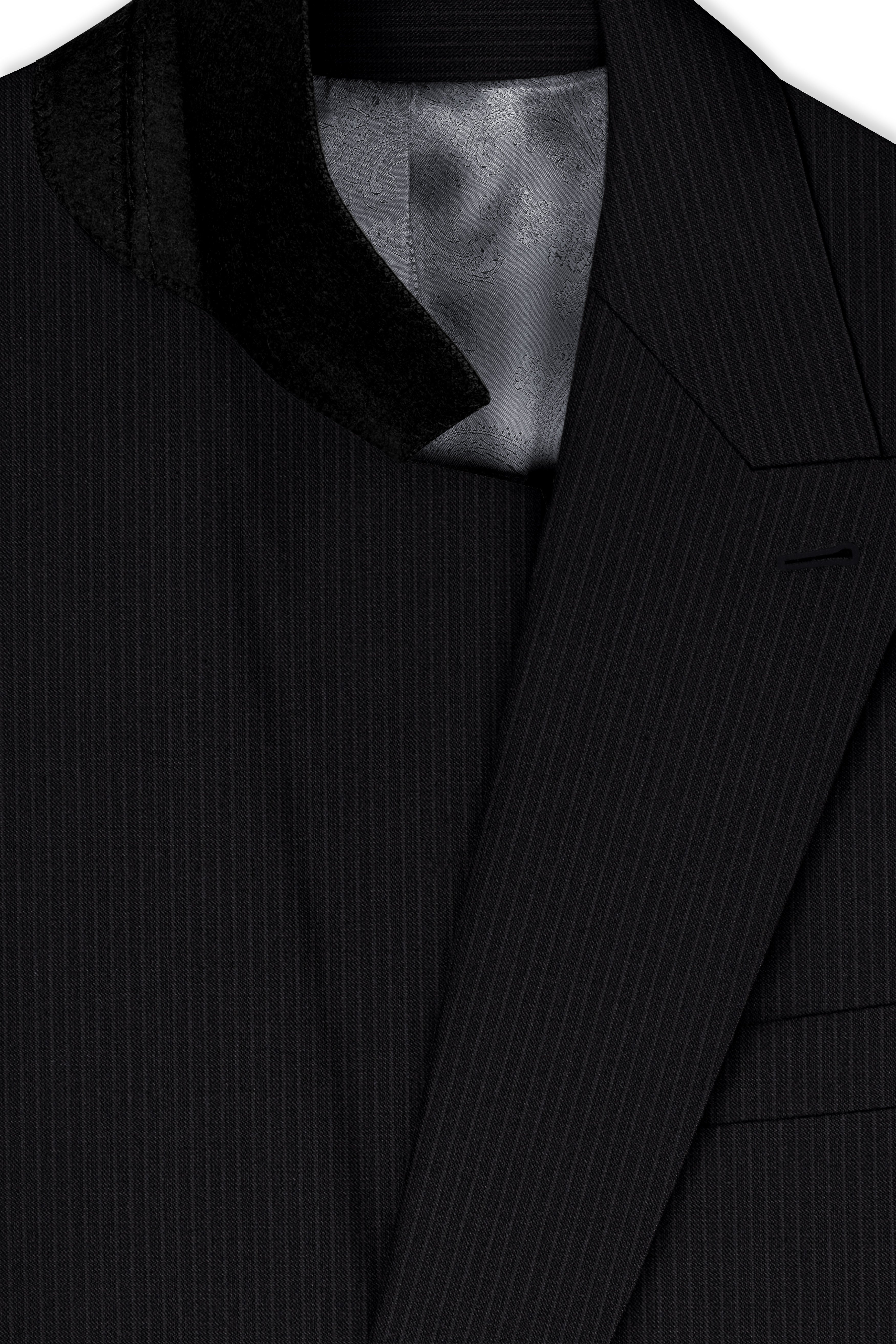 Noir-Jade Black Pencil Striped Wool Rich Slight Stretch Double Breasted Blazer
