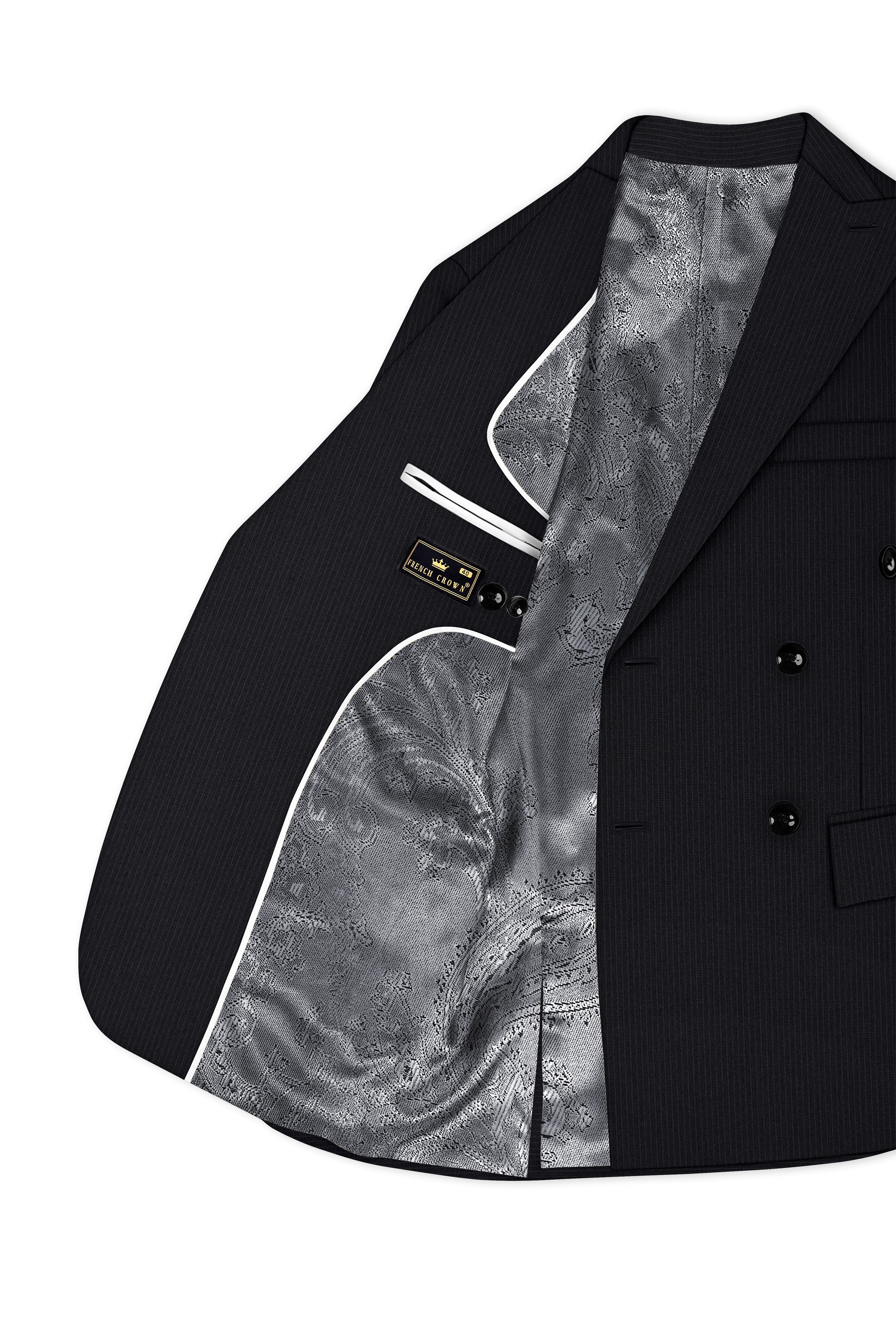 Noir-Jade Black Pencil Striped Wool Rich Slight Stretch Double Breasted Blazer