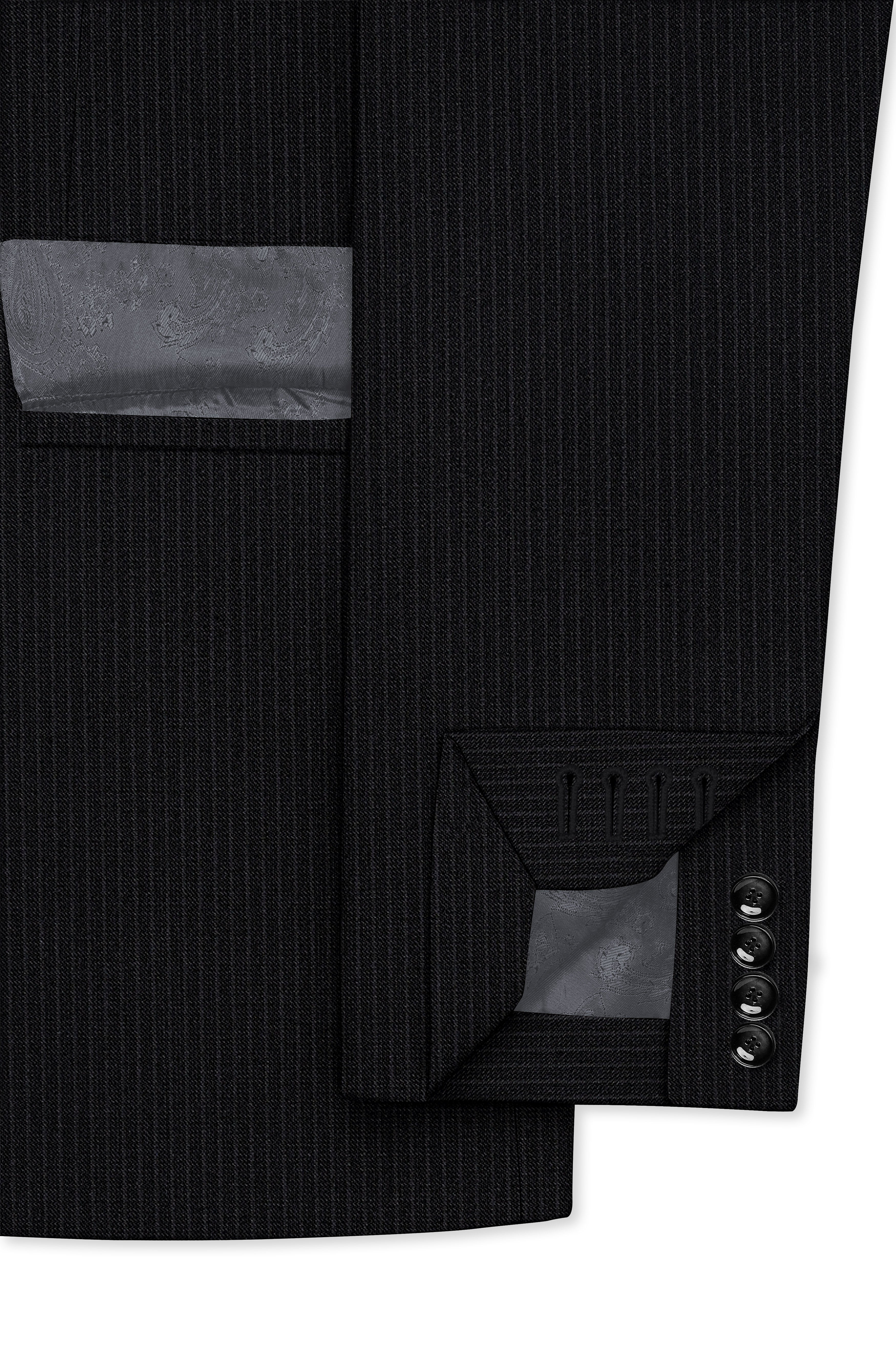 Noir-Jade Black Pencil Striped Wool Rich Slight Stretch Double Breasted Blazer