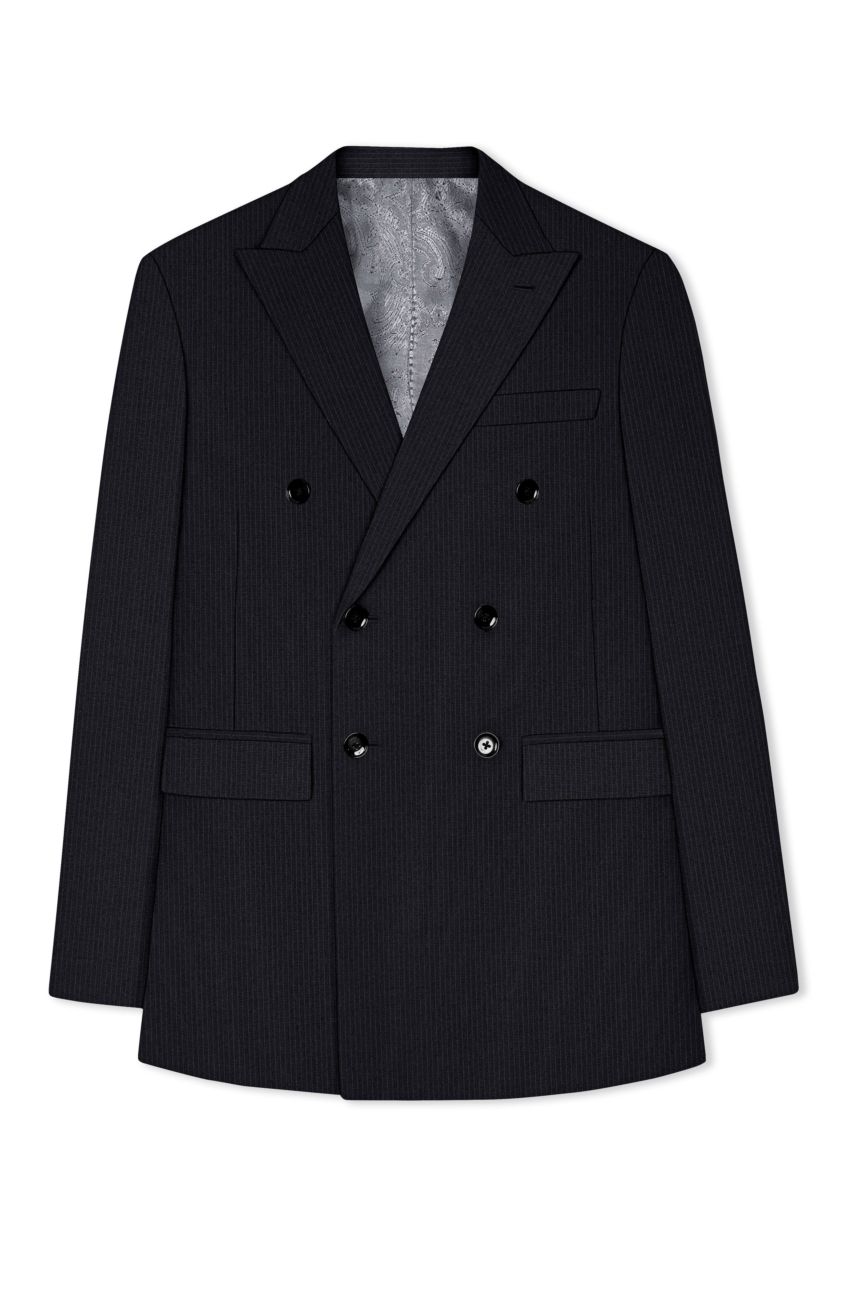 Noir-Jade Black Pencil Striped Wool Rich Slight Stretch Double Breasted Blazer