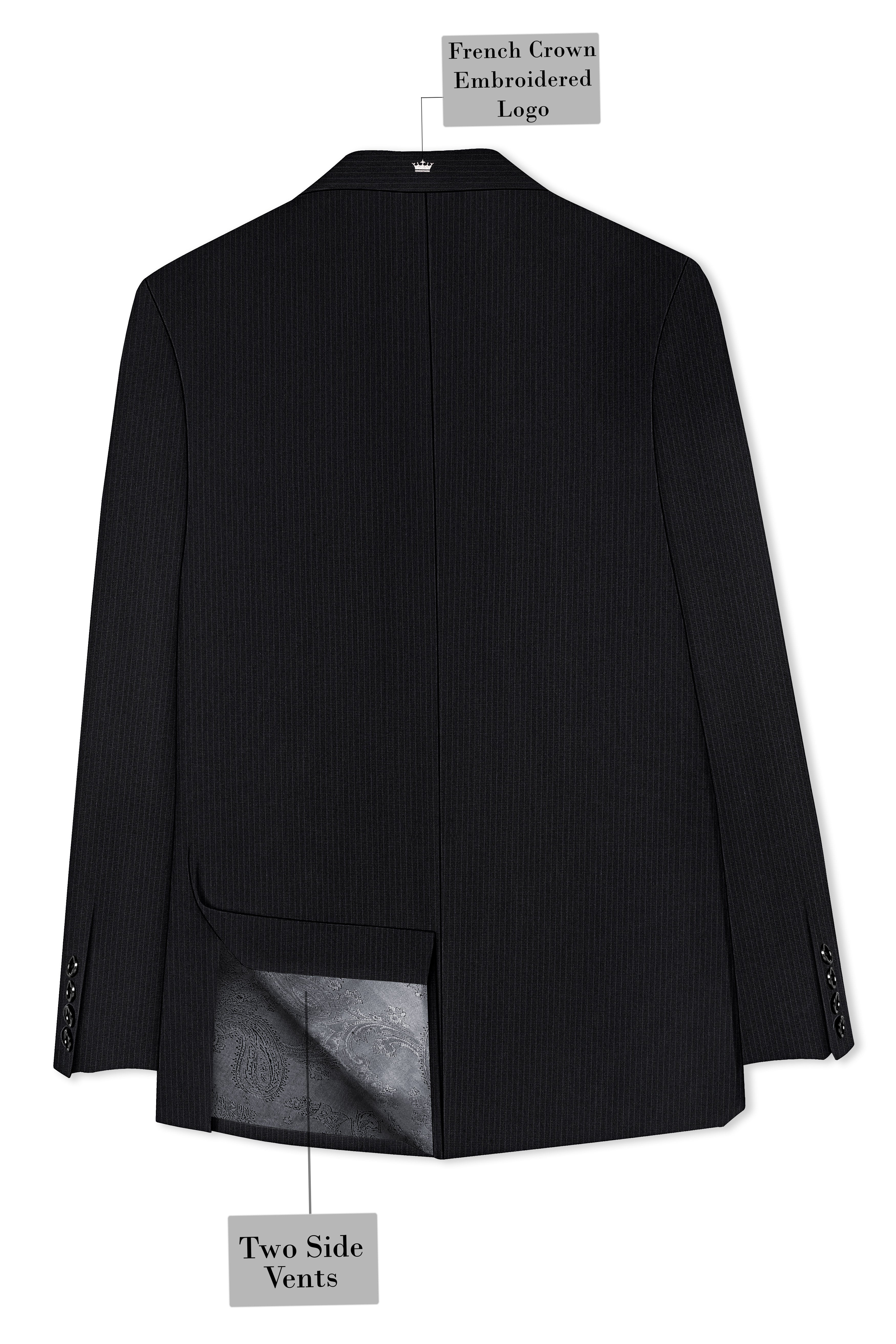 Noir-Jade Black Pencil Striped Wool Rich Slight Stretch Double Breasted Blazer
