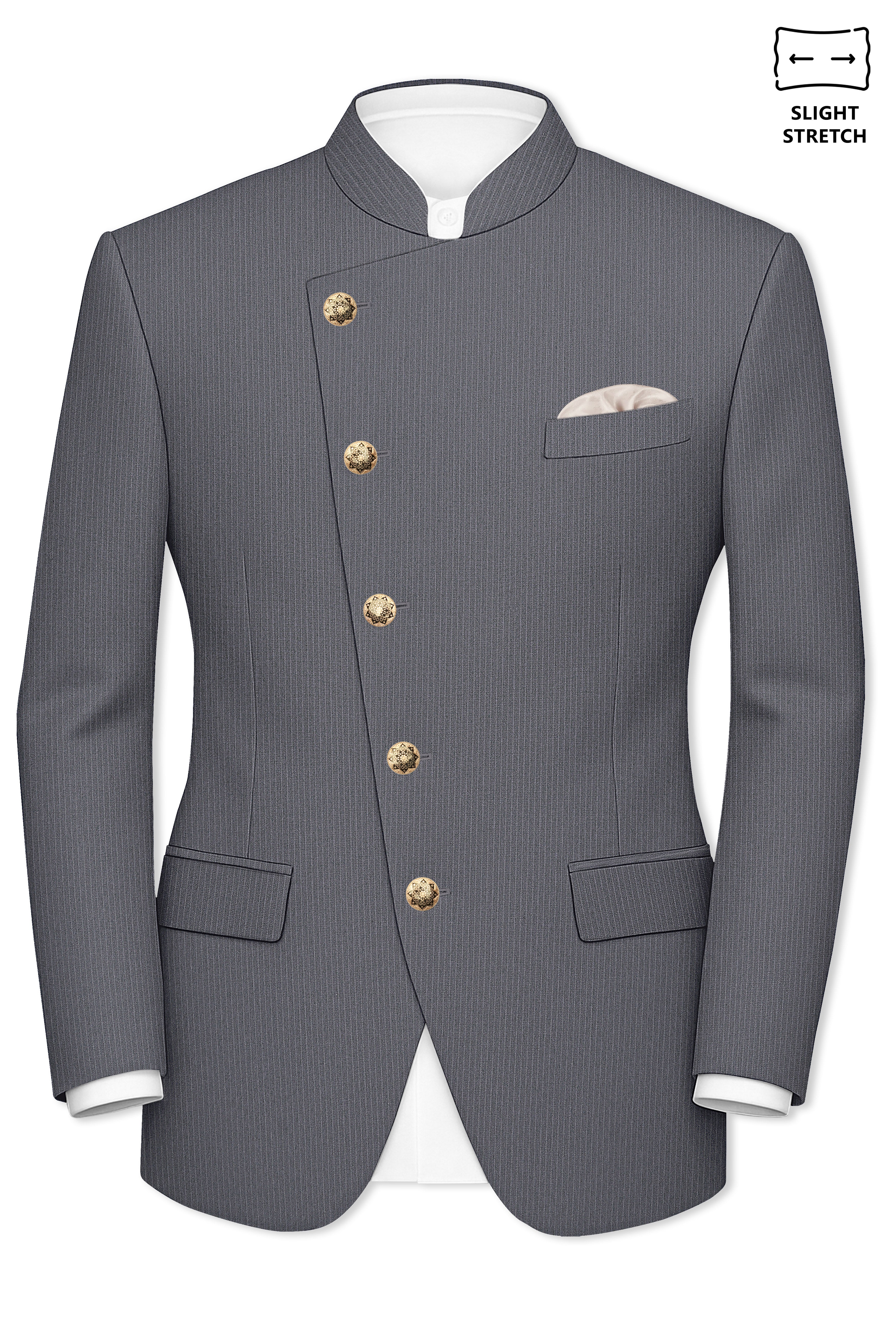 Apex-Ironside Gray Pencil Striped Wool Rich Slight Stretch Cross Placket Bandhgala Blazer