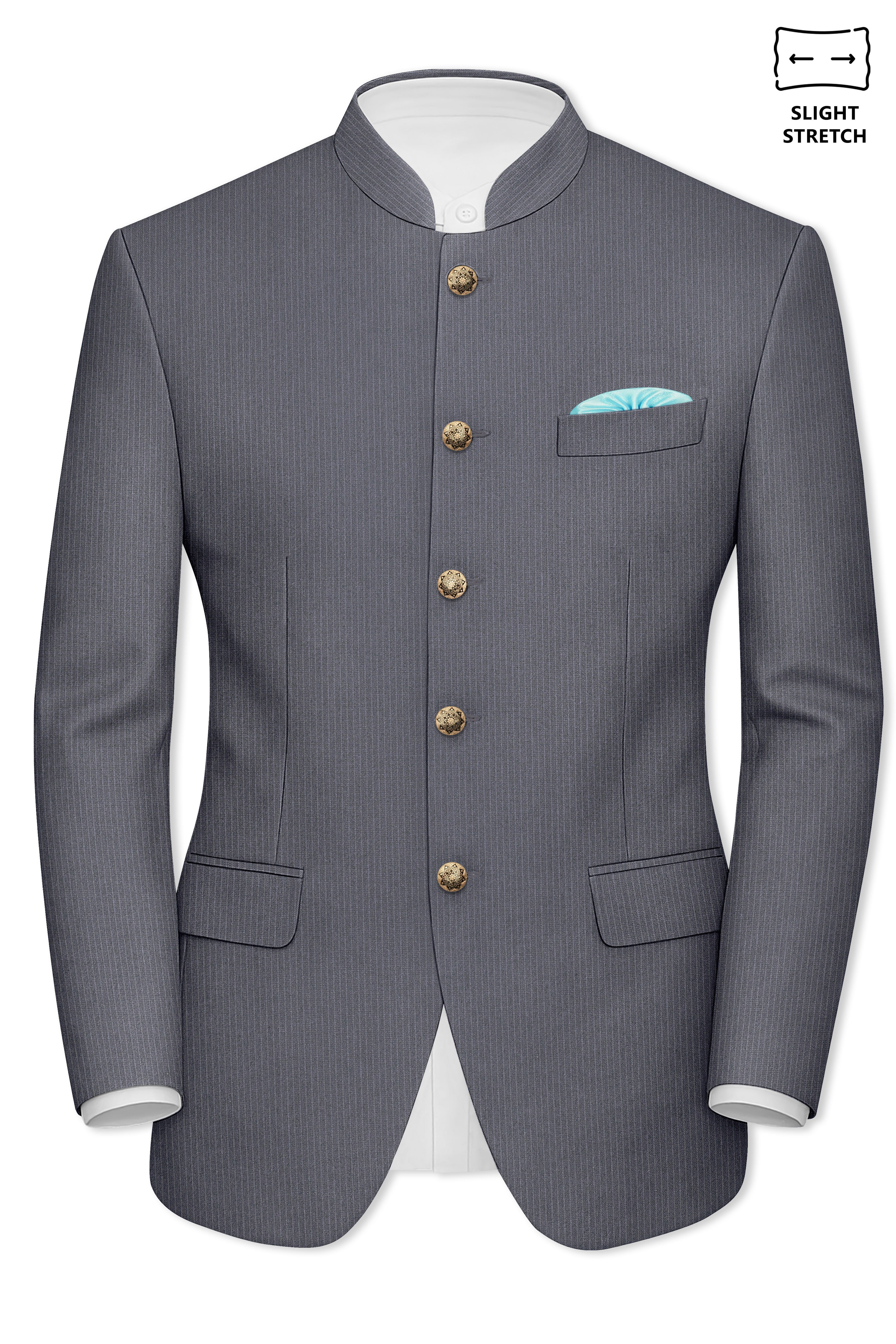 Apex-Ironside Gray Pencil Striped Wool Rich Bandhgala Slight Stretch Blazer
