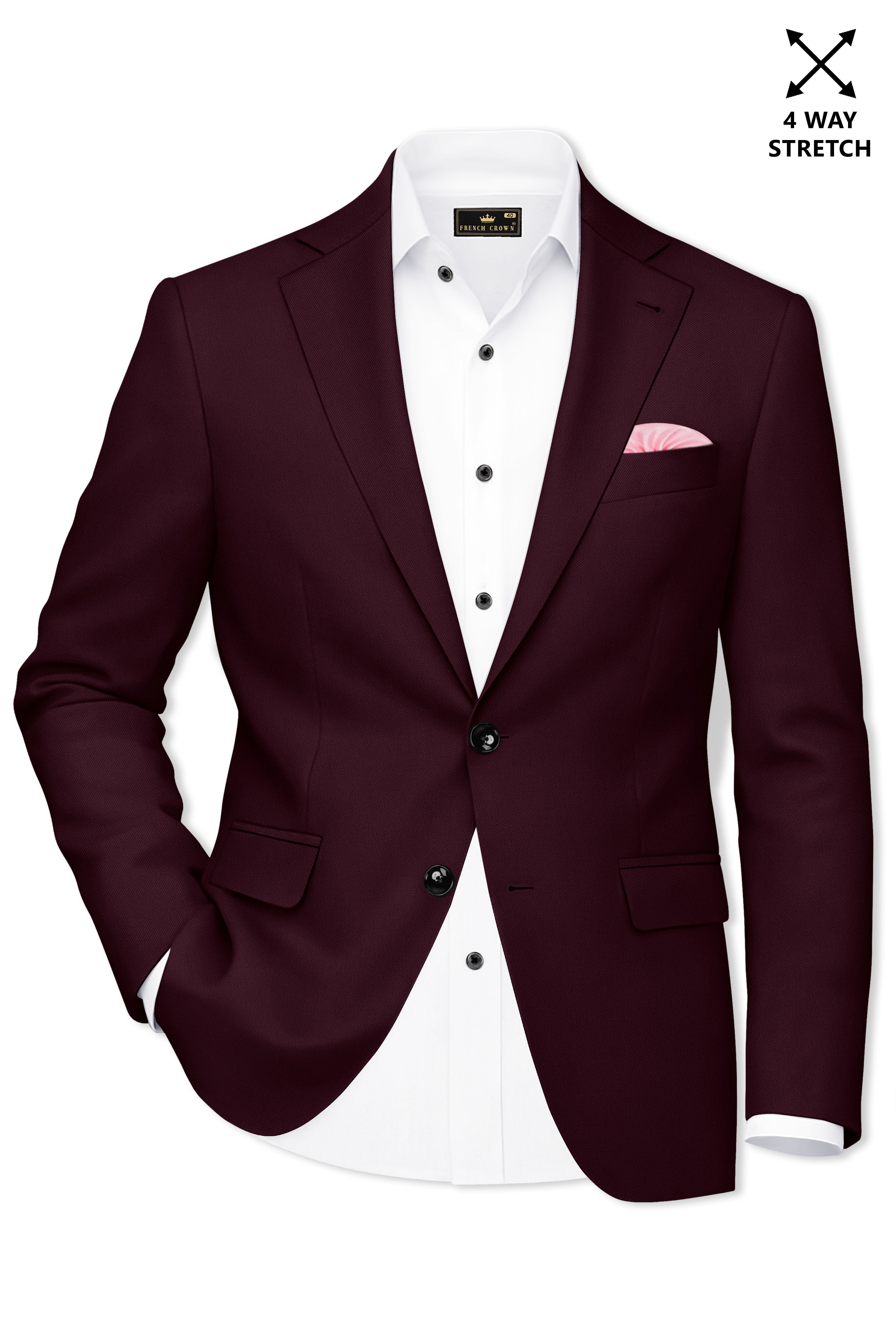 Veltrix-Korean Aubergine Maroon 4-Way Stretch Wrinkle-Free Wool Rich Single Breasted Blazer