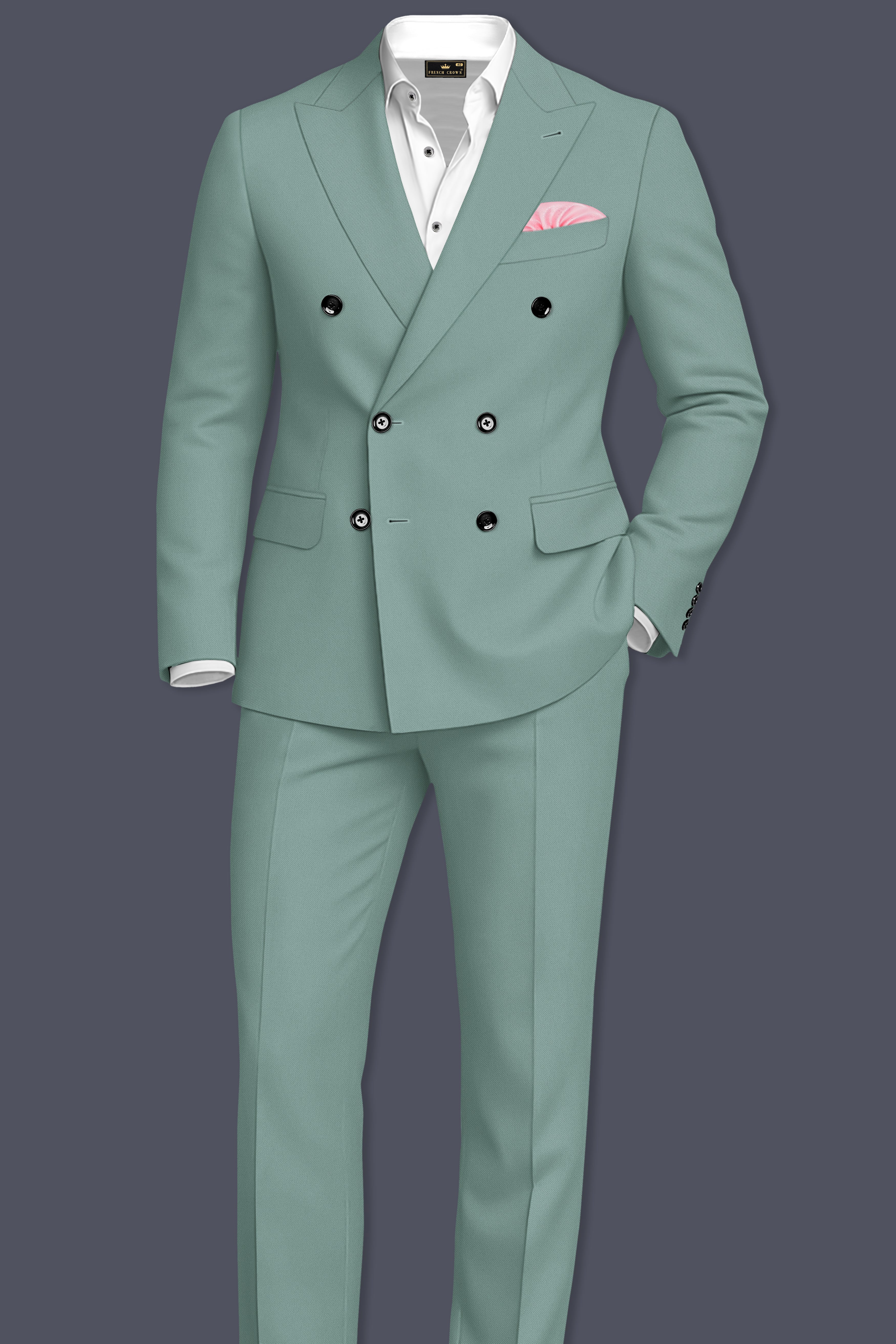 Verde-Korean Spanish Green 4-Way Stretch Wrinkle-Free Wool Rich Double Breasted Blazer