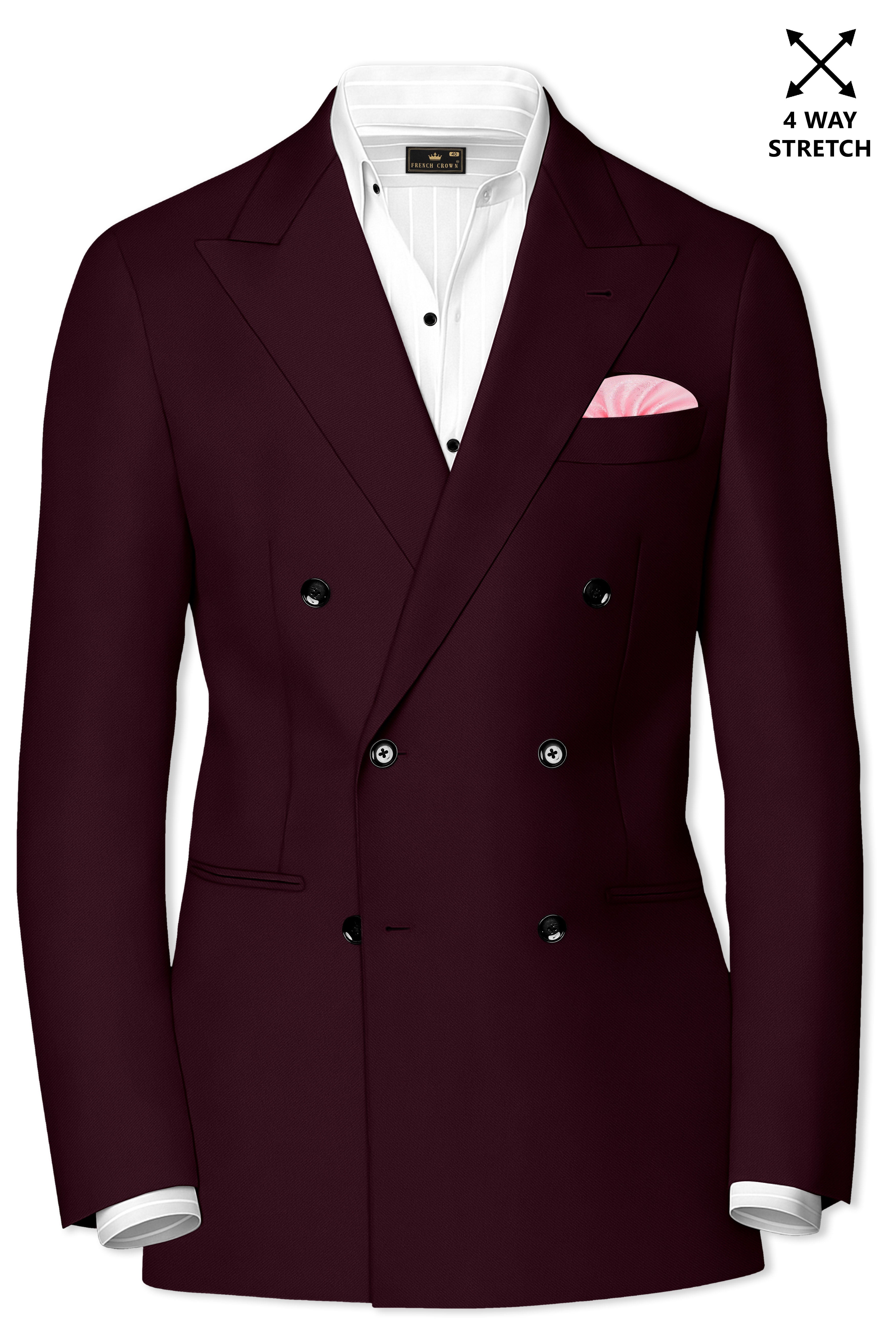 Veltrix-Korean Aubergine Maroon 4-Way Stretch Wrinkle-Free Wool Rich Double Breasted Blazer