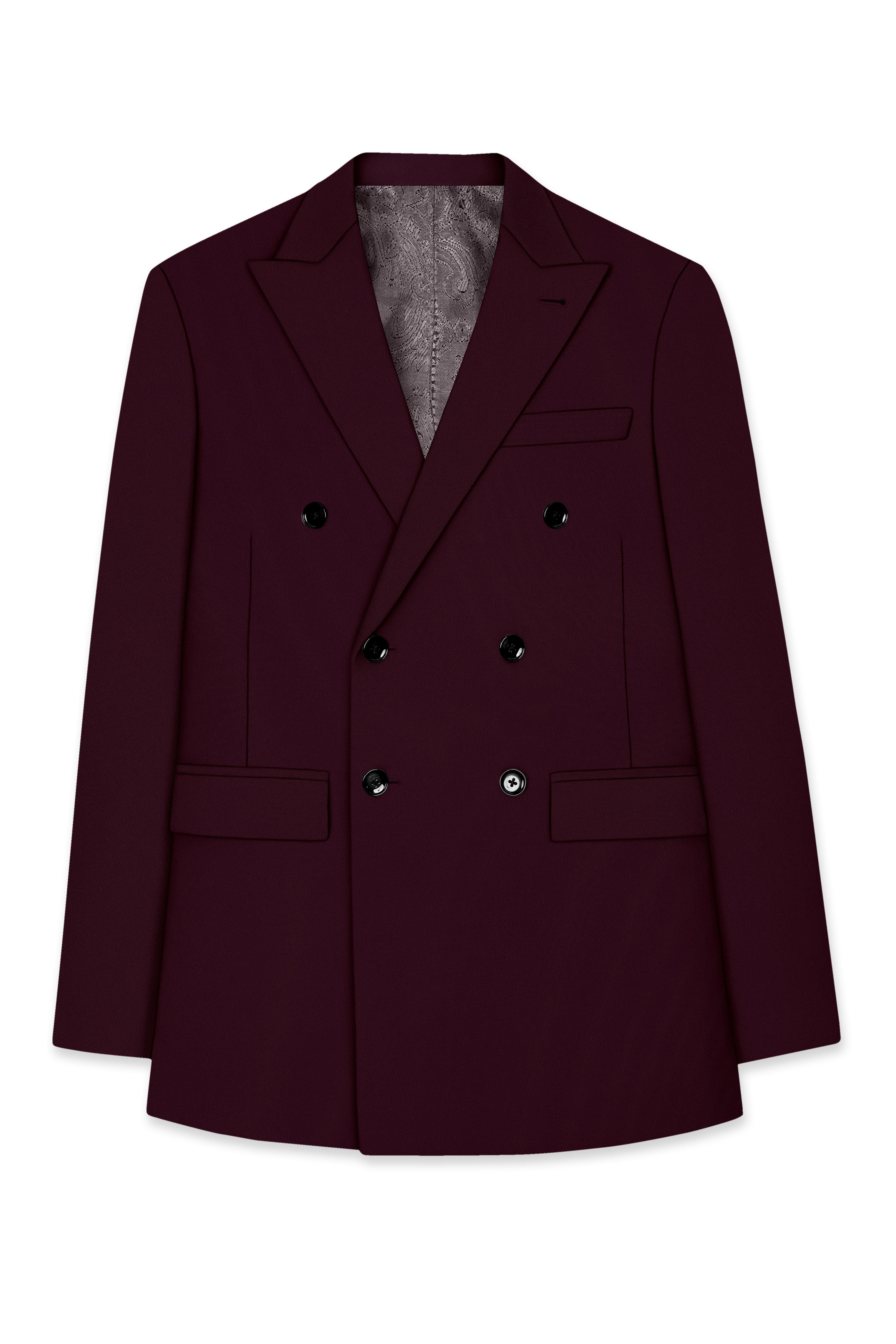 Veltrix-Korean Aubergine Maroon 4-Way Stretch Wrinkle-Free Wool Rich Double Breasted Blazer