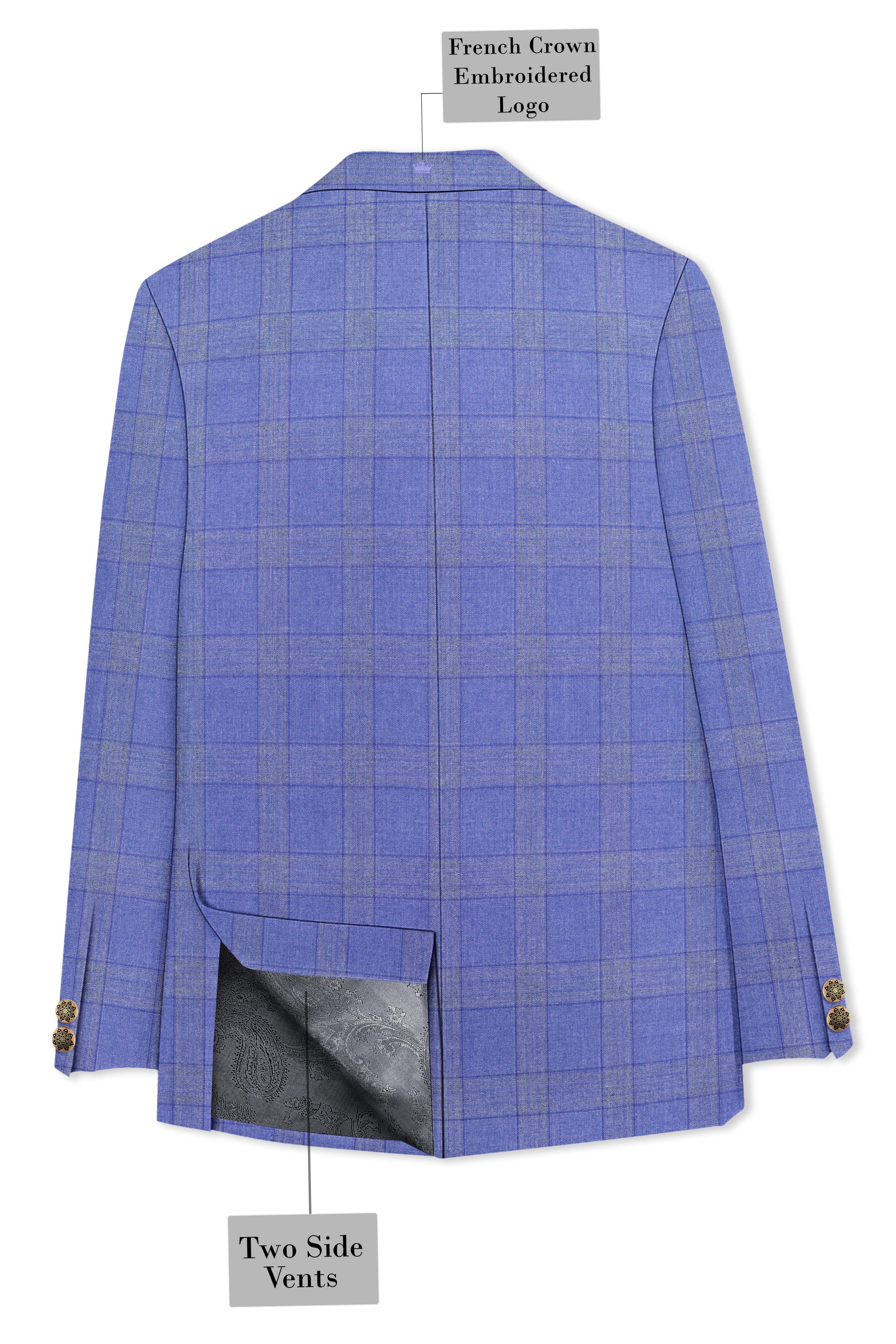 Cobalt-Scampi Blue Plaid Wool Rich Cross Placket Bandhgala Blazer