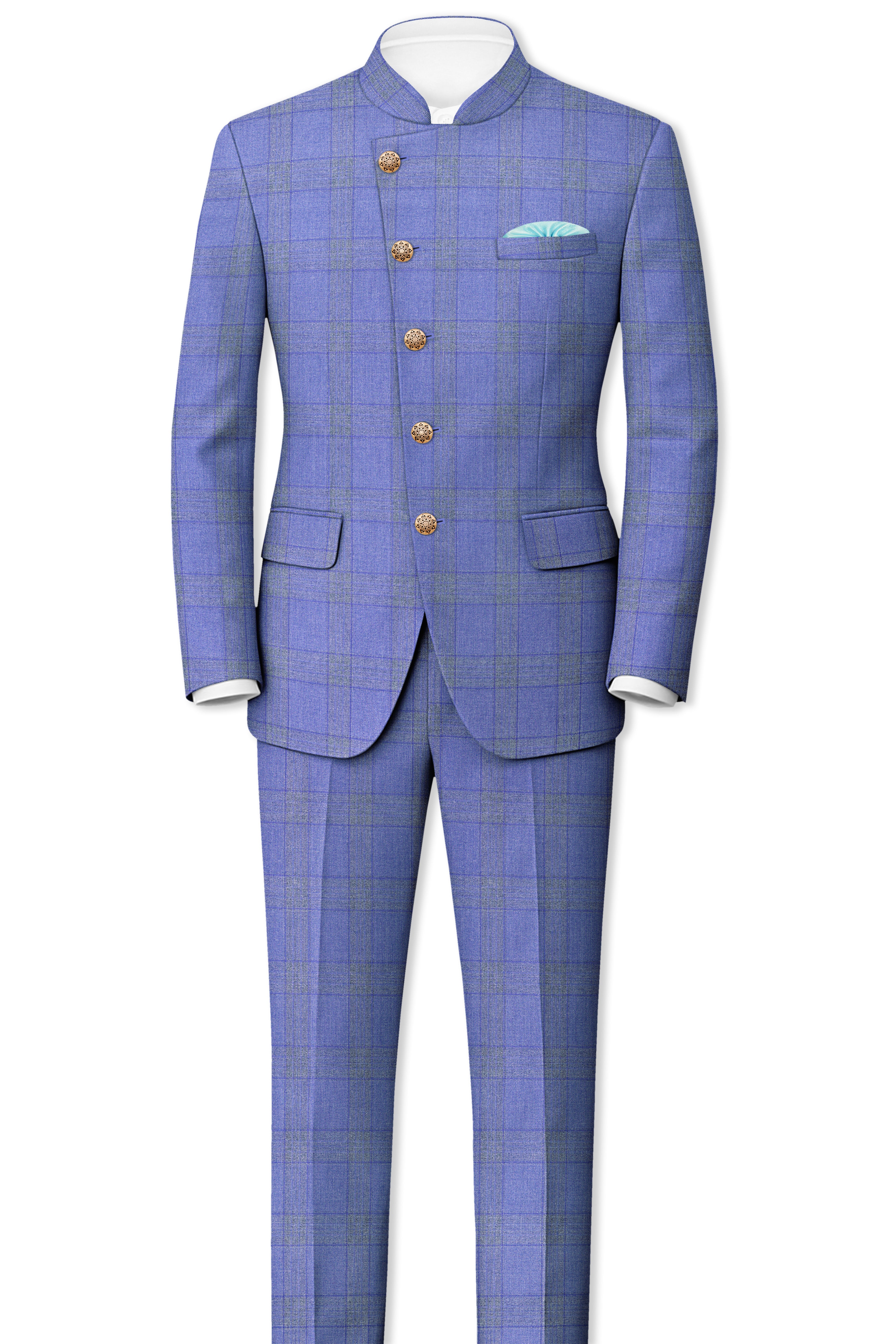 Cobalt-Scampi Blue Plaid Wool Rich Cross Placket Bandhgala Blazer