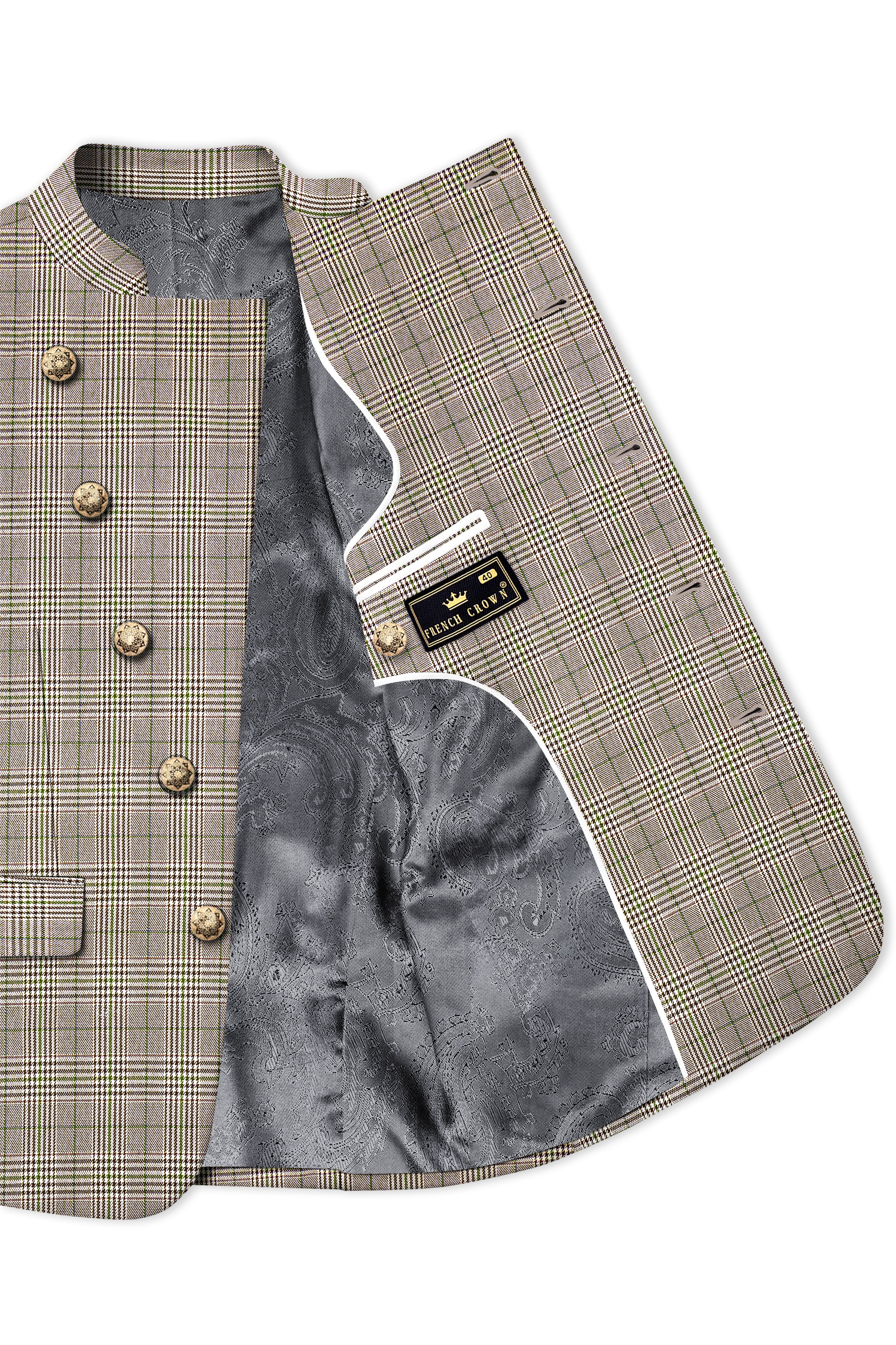 Nawab-Tundora Brown Plaid Wool Rich Cross Placket Bandhgala Blazer