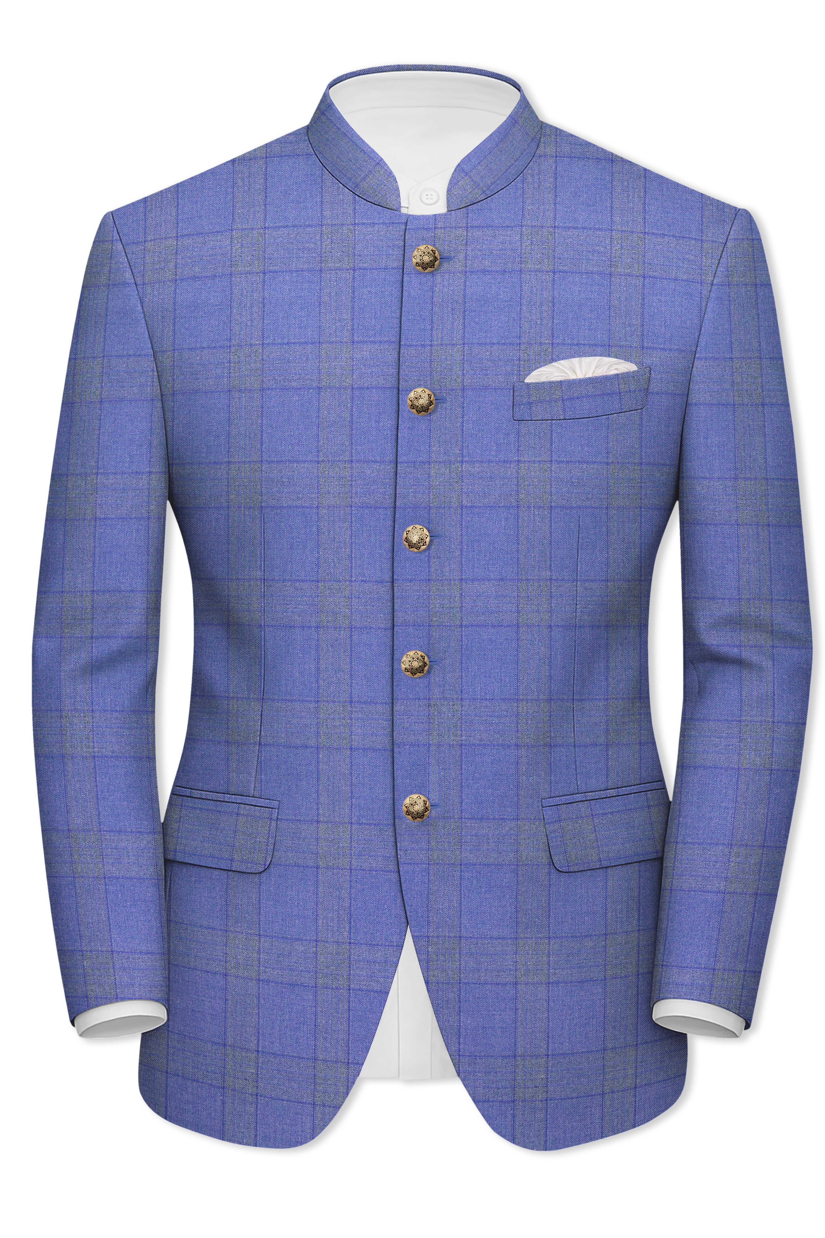 Cobalt-Scampi Blue Plaid Wool Rich Bandhgala Blazer