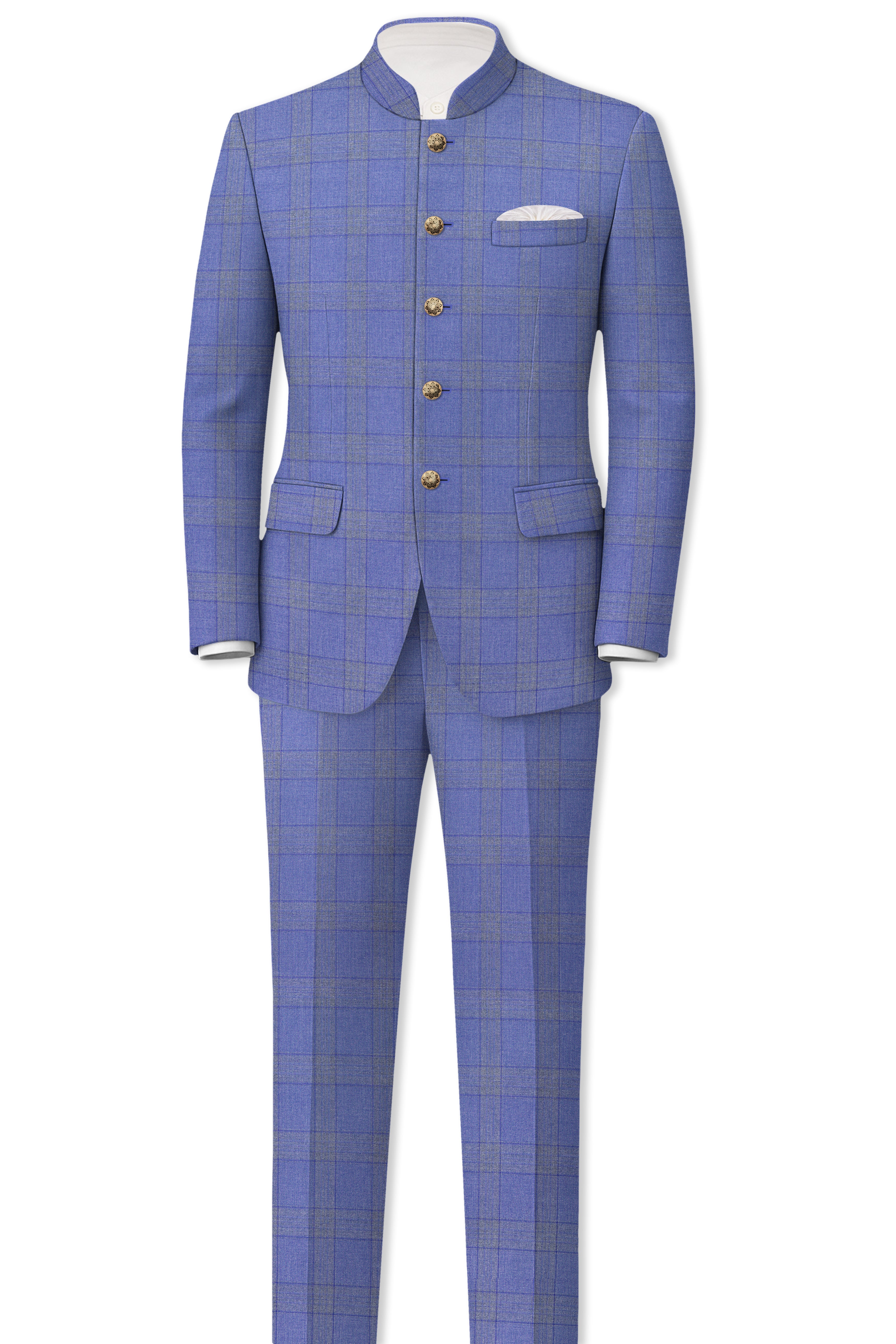 Cobalt-Scampi Blue Plaid Wool Rich Bandhgala Blazer