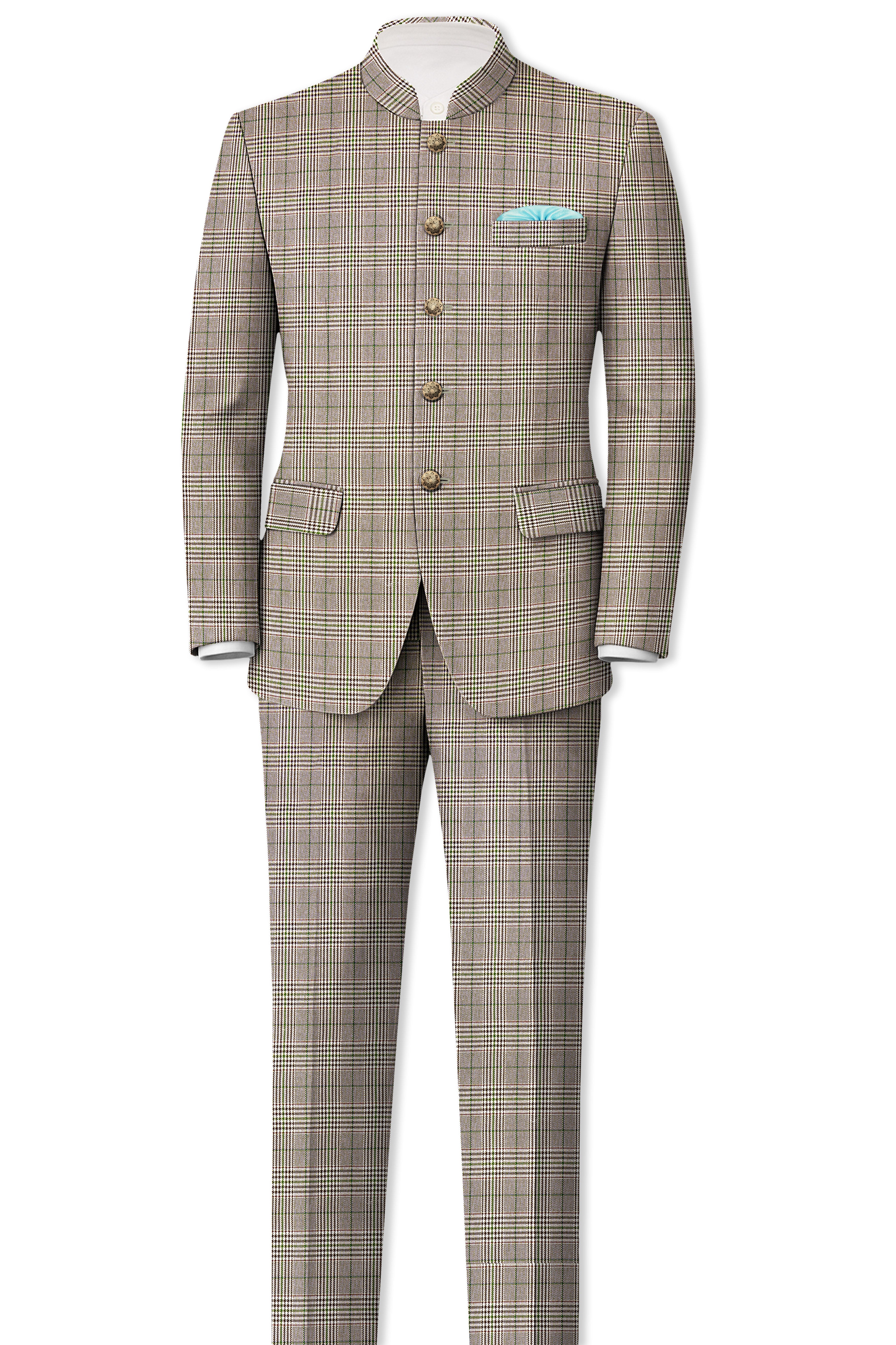 Nawab-Tundora Brown Plaid Wool Rich Bandhgala Blazer