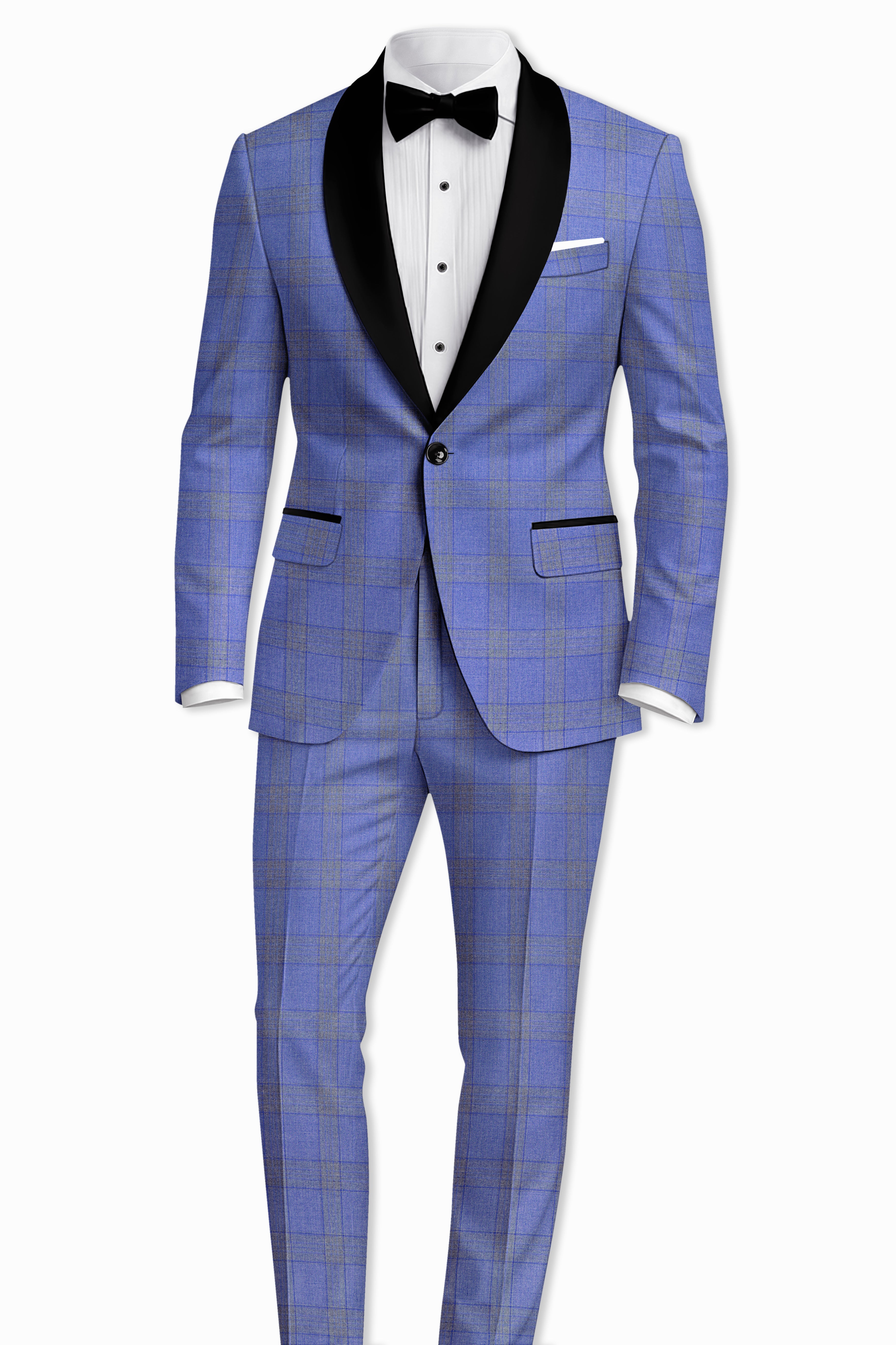 Cobalt-Scampi Blue Plaid Wool Rich Tuxedo Blazer