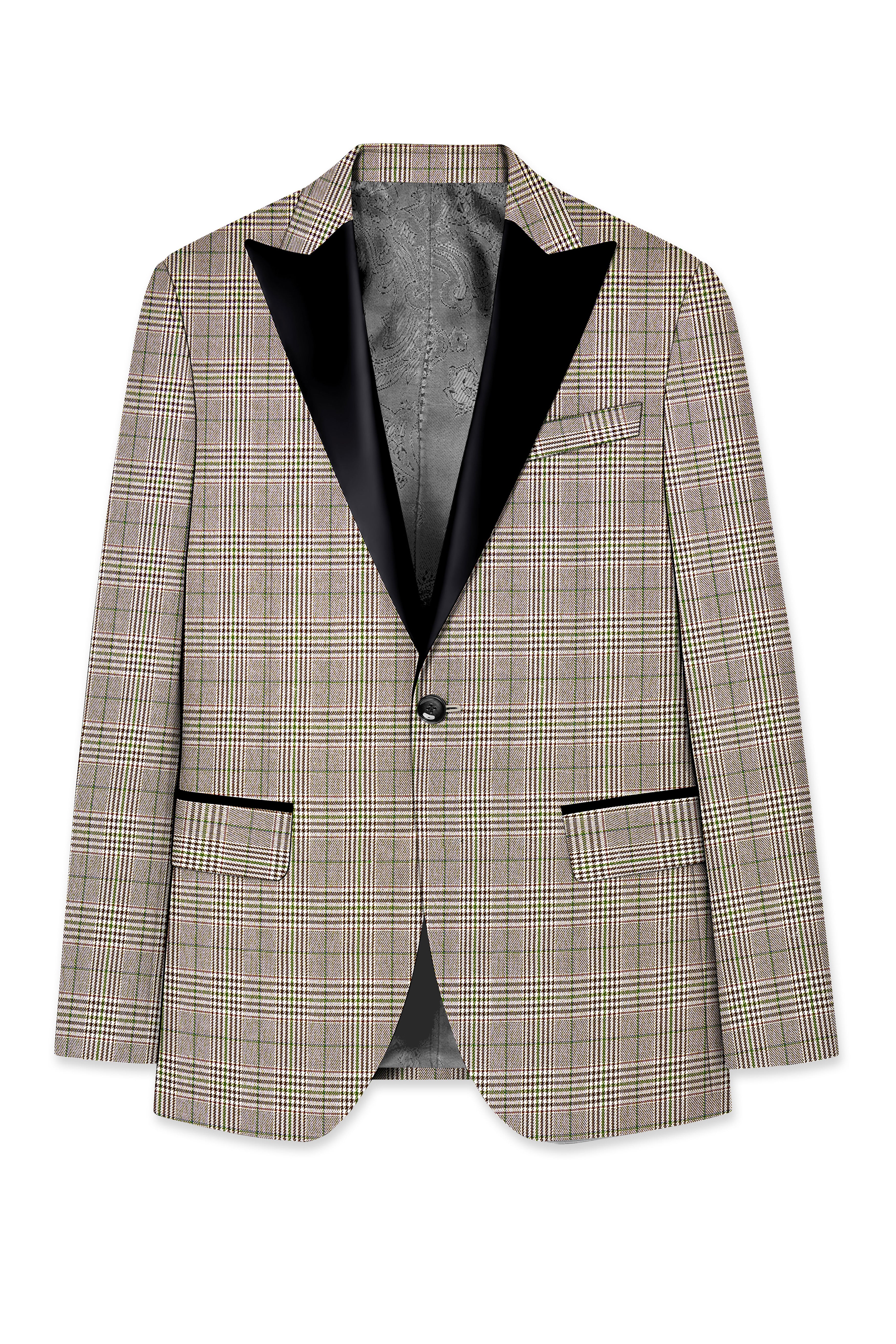 Nawab-Tundora Brown Plaid Wool Rich Peak Lapel Tuxedo Blazer