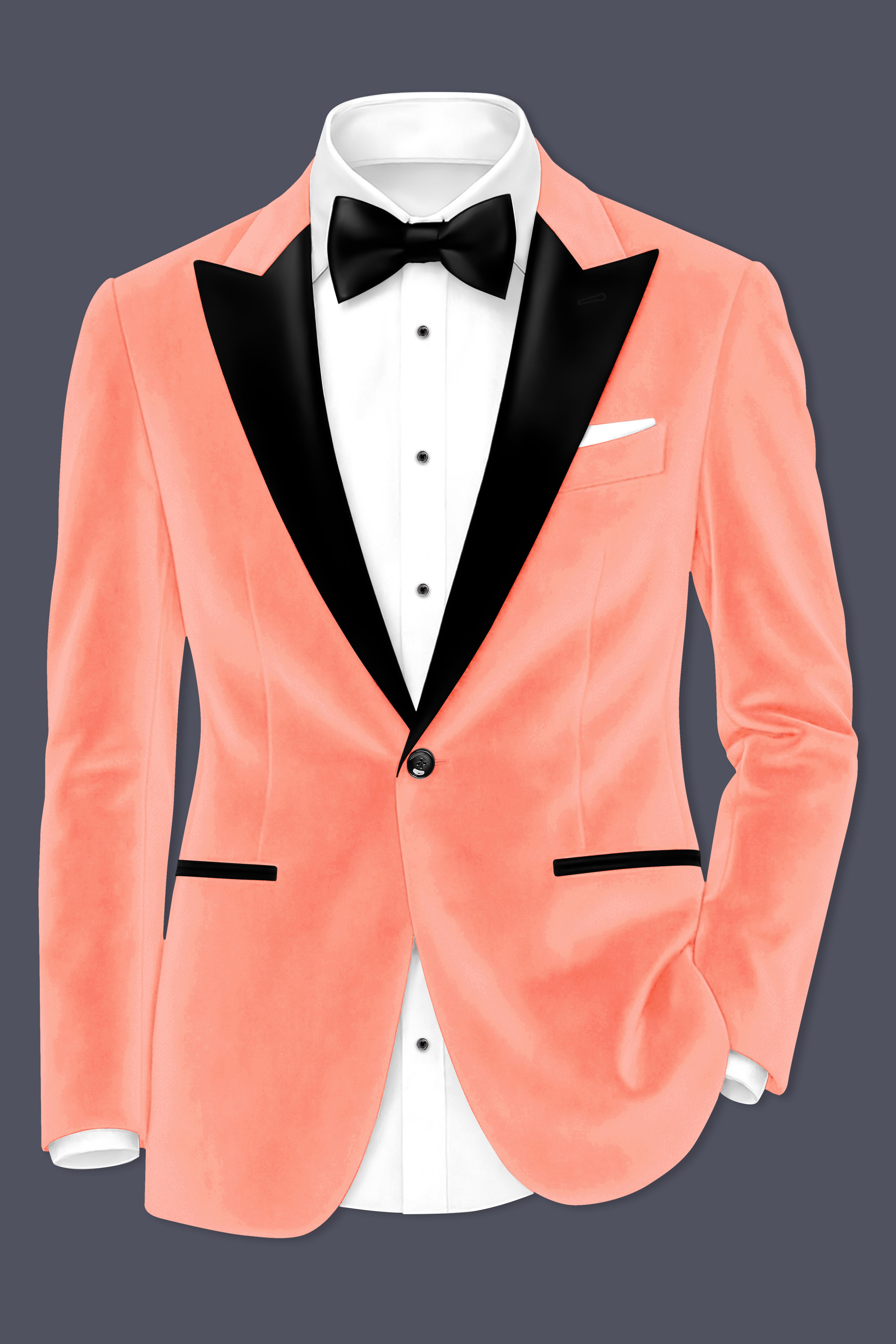 Zyron-Salmon Orange Velvet Peak Lapel Tuxedo Blazer
