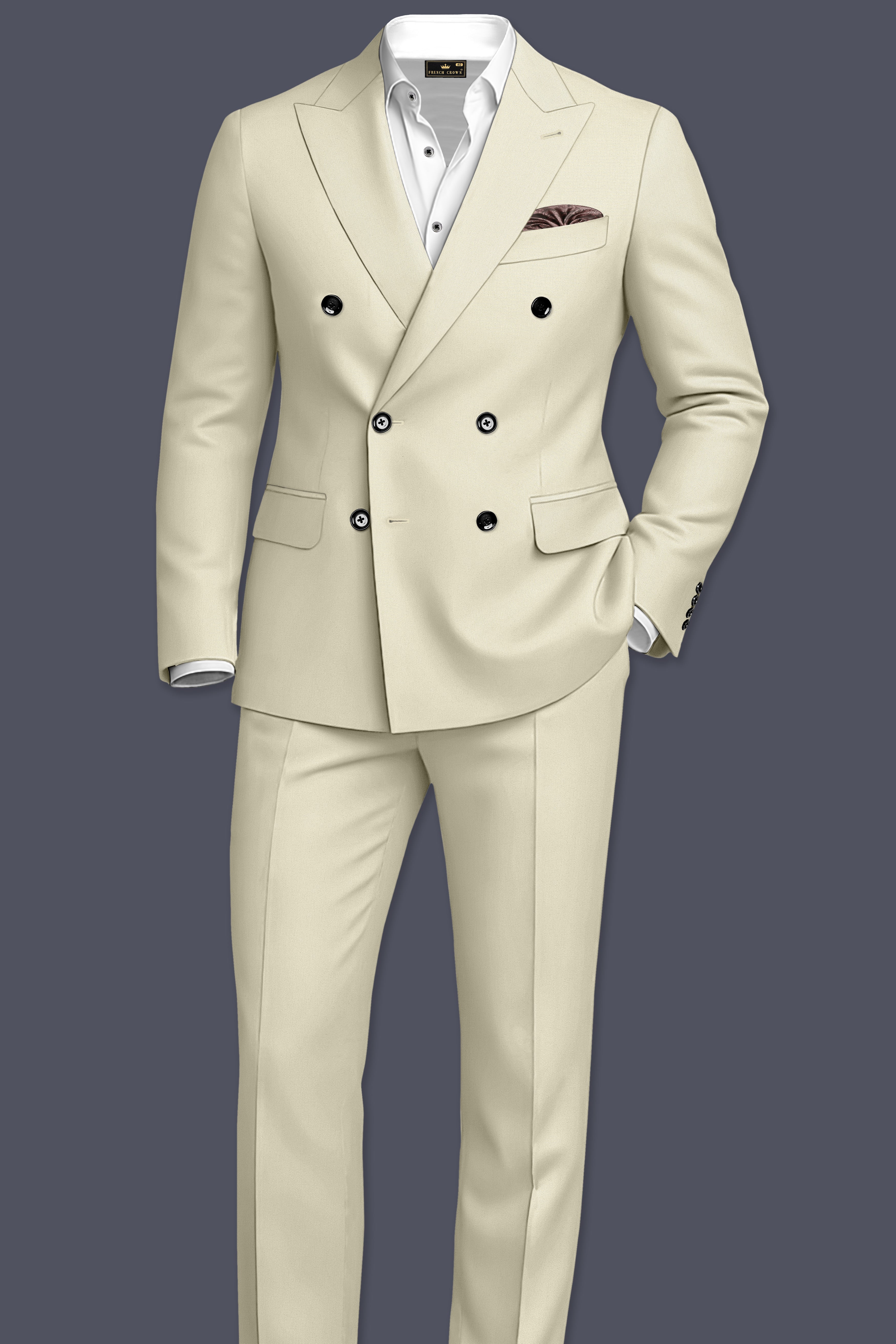 Ivory-Sisal Cream Slight Stretch Subtle Sheen Poly-Viscose Double Breasted Blazer