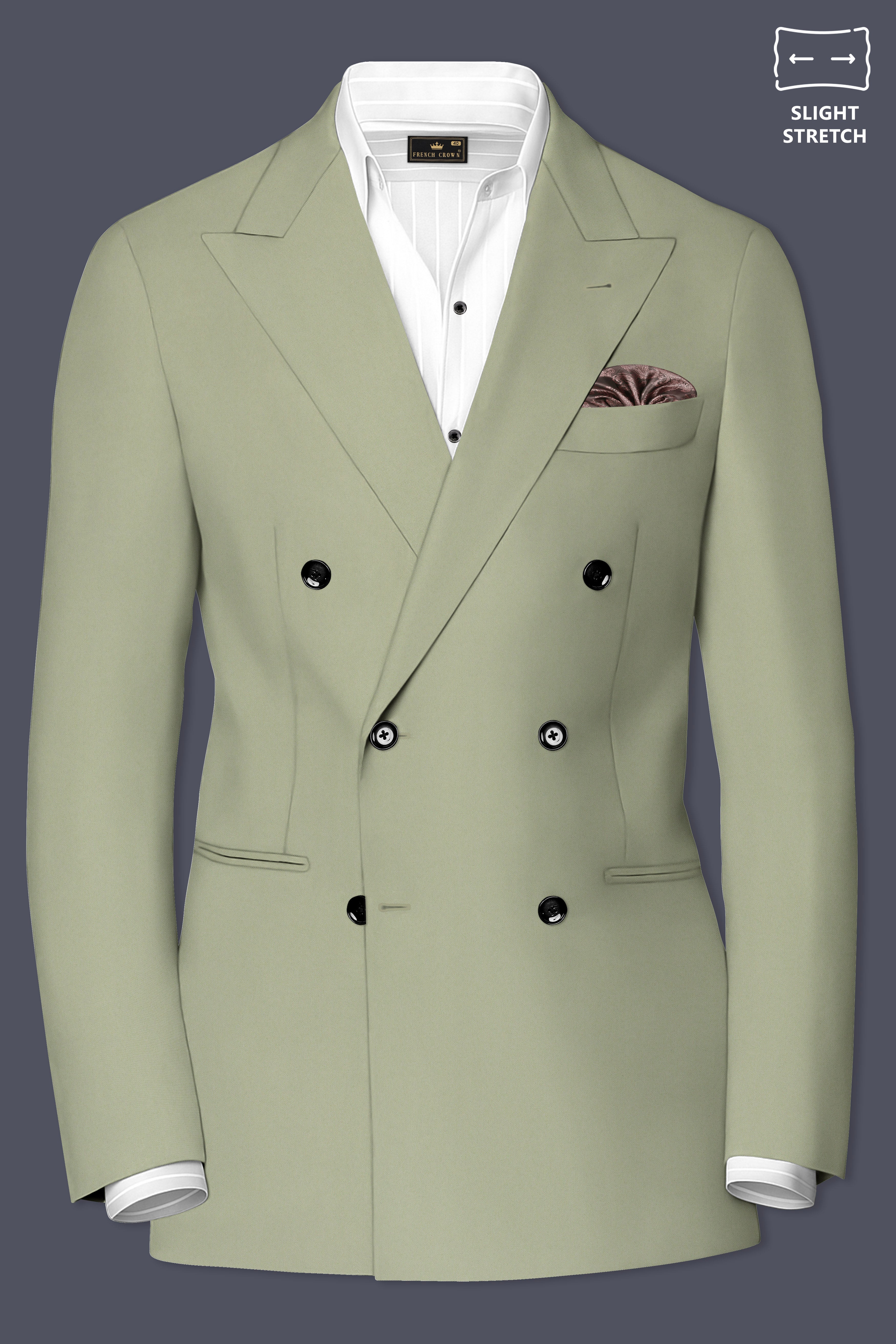 Verdan-Sage Green Slight Stretch Subtle Sheen Poly-Viscose Double Breasted Blazer