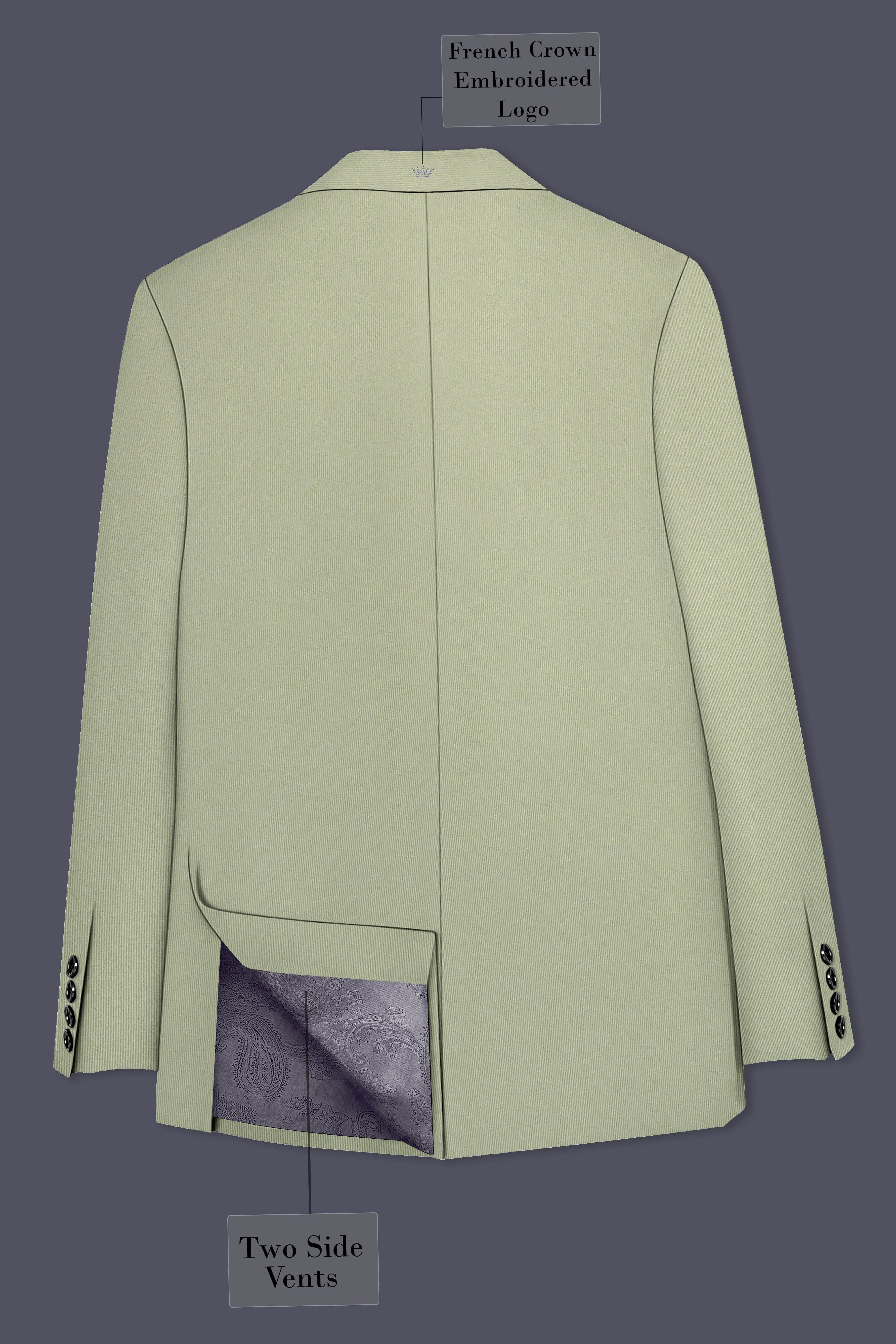 Verdan-Sage Green Slight Stretch Subtle Sheen Poly-Viscose Double Breasted Blazer