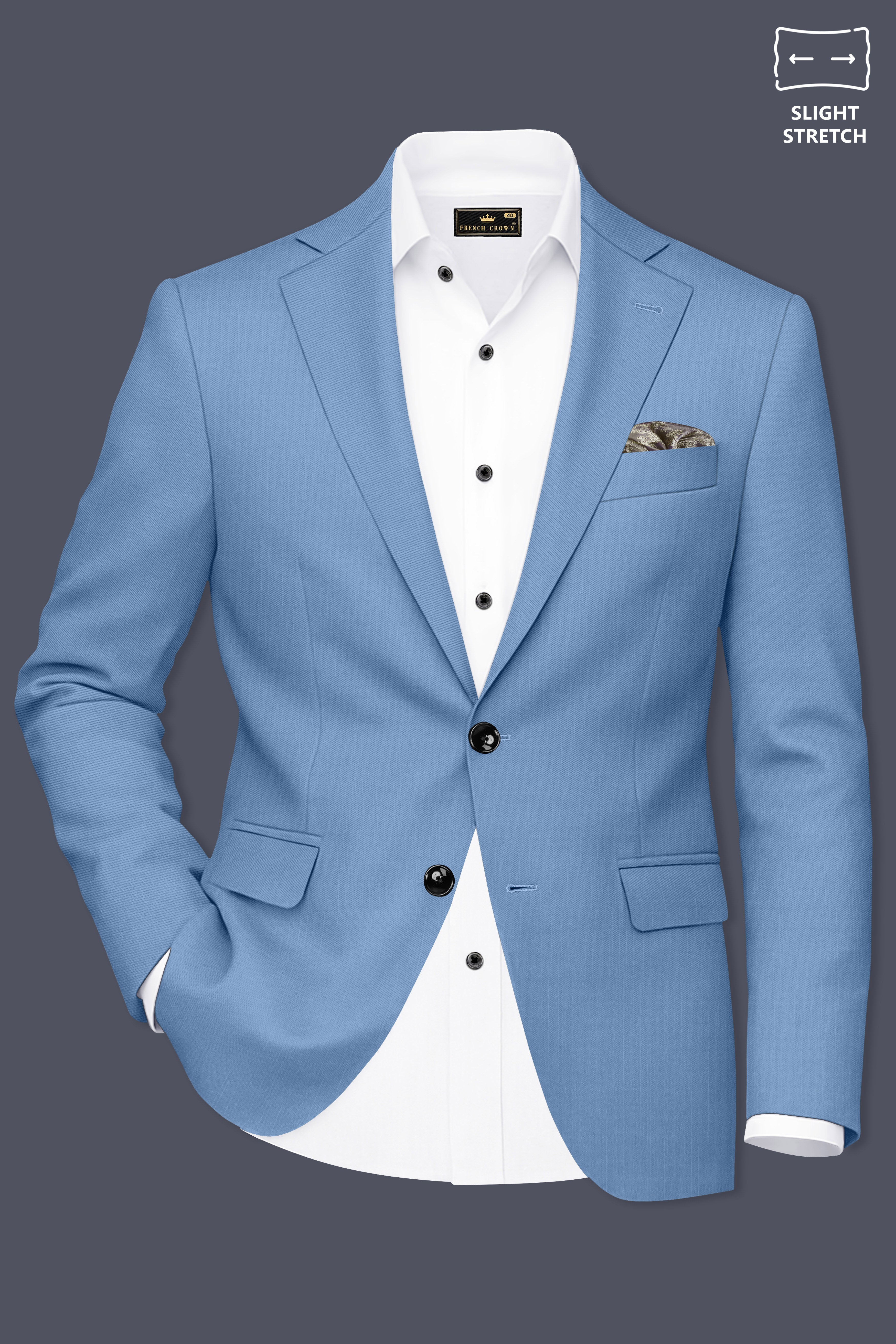 Azure-Glaucous Blue Wool Rich Slight Stretch Single Breasted Blazer
