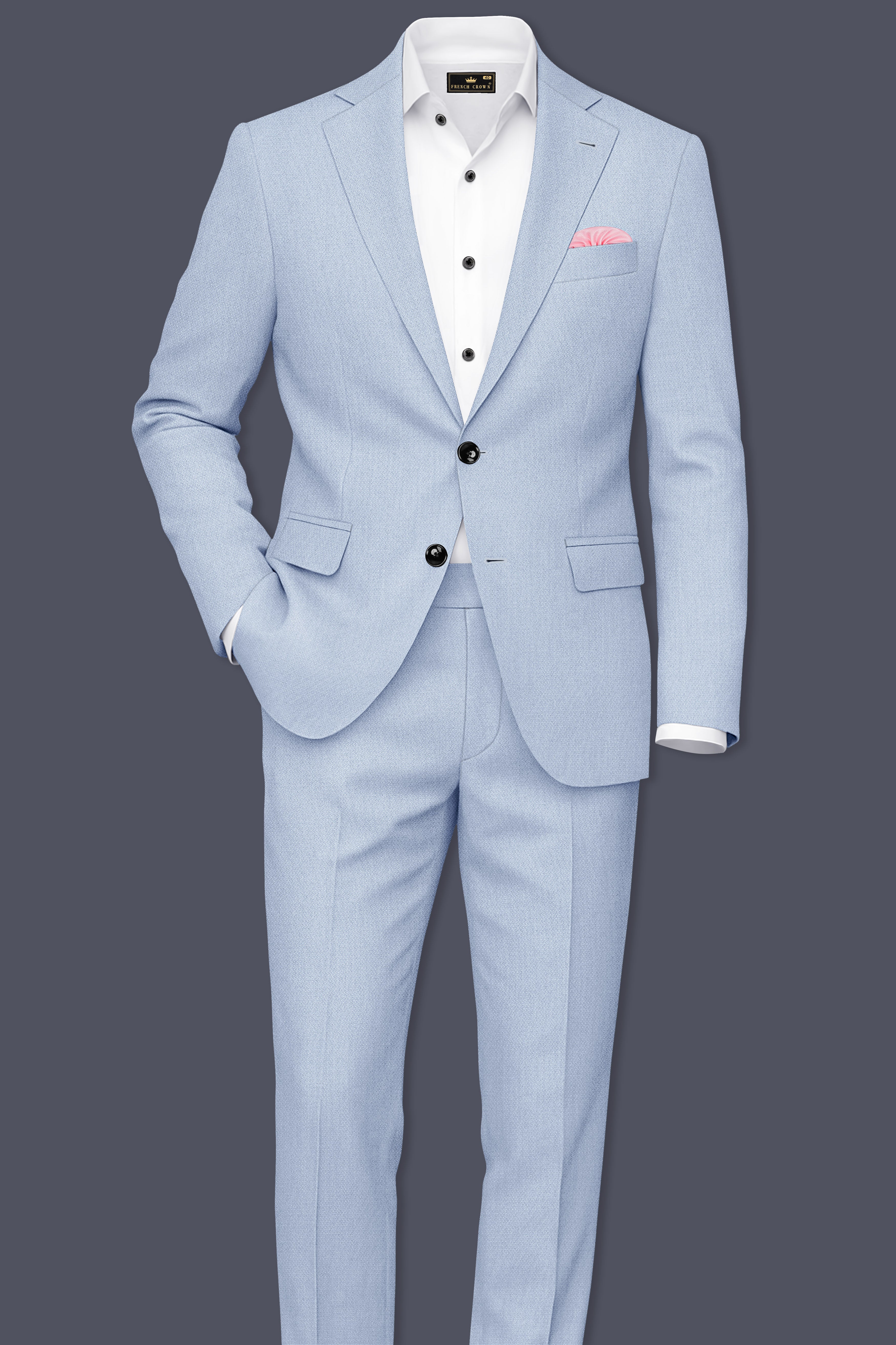 Azure-Heather Blue Diamond Textured Wool Rich Slight Stretch Single Breasted Blazer