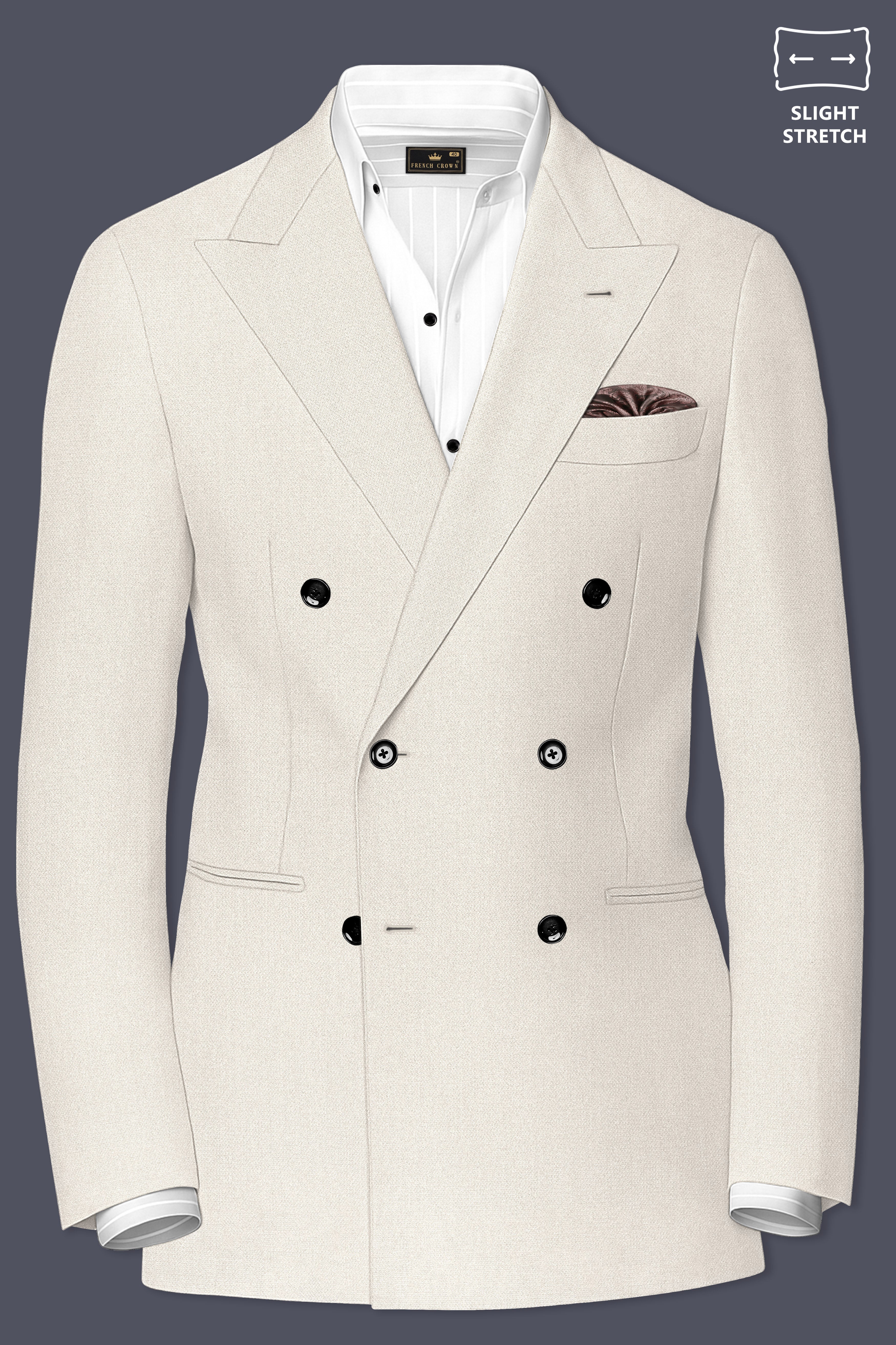 Ecru-Merino Off White Diamond Textured Wool Rich Slight Stretch Double Breasted Blazer