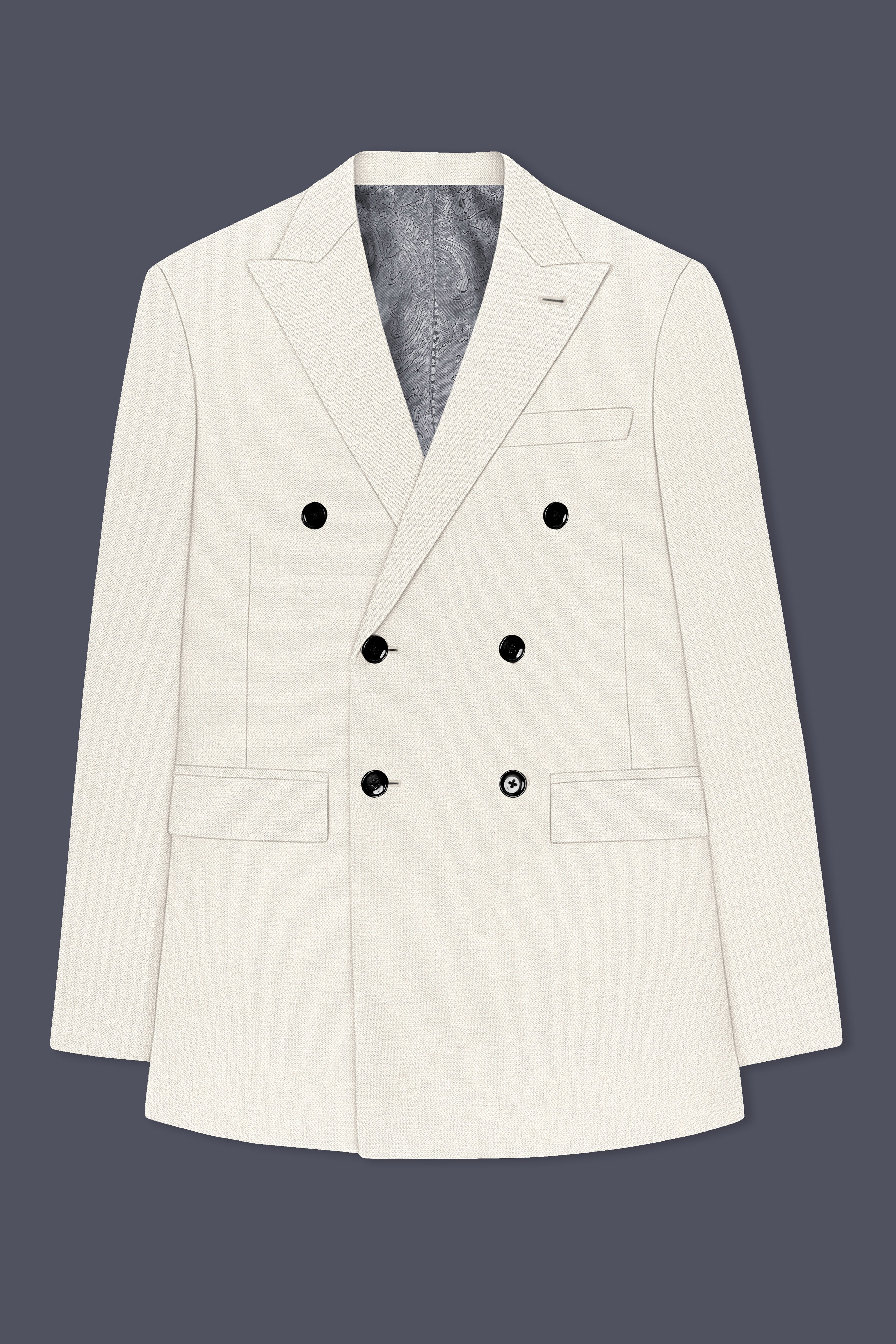 Ecru-Merino Off White Diamond Textured Wool Rich Slight Stretch Double Breasted Blazer