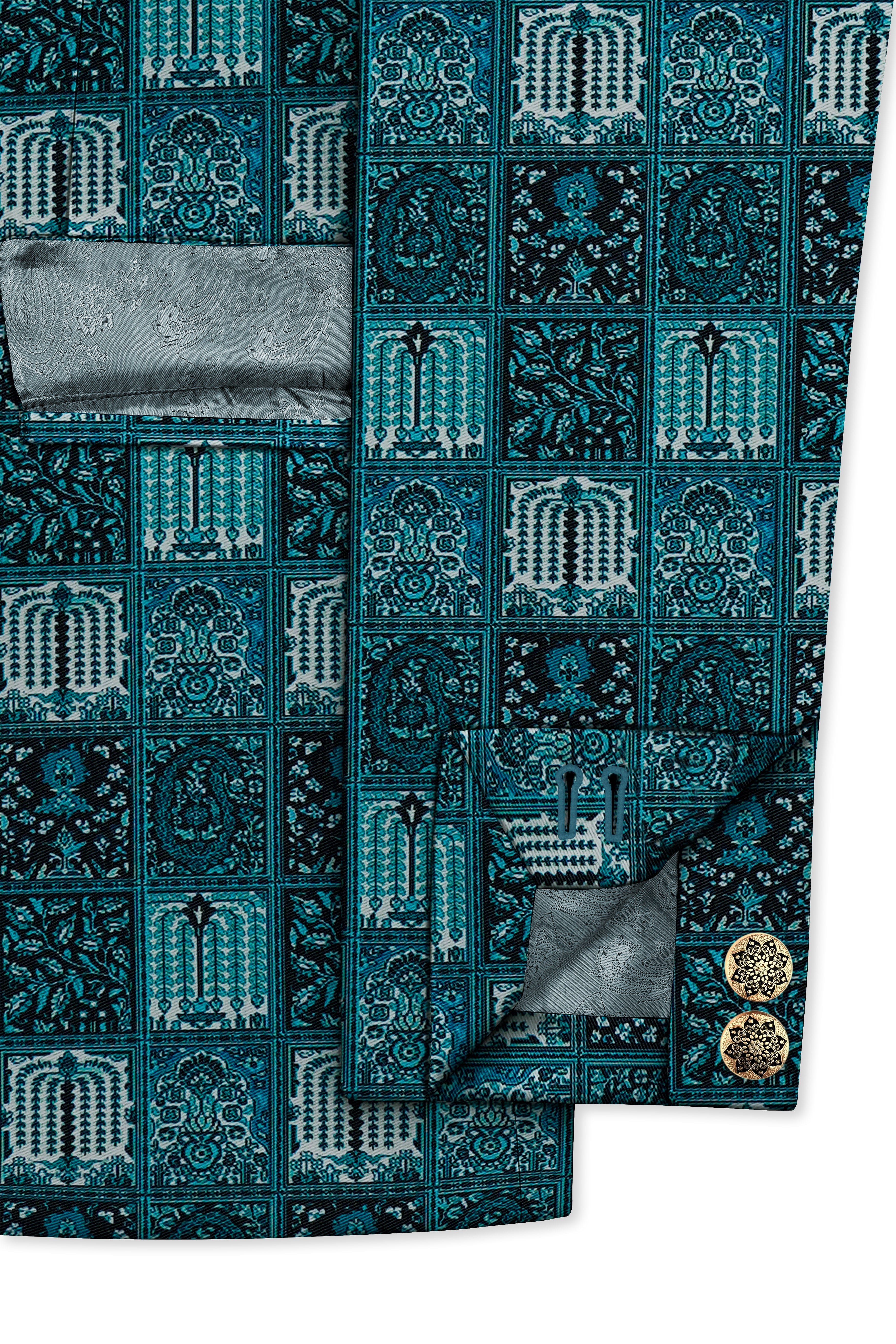 Zenith-Astronaut Blue Geometric Mosaic Printed Wool Rich Slight Stretch Cross Placket Bandhgala Blazer